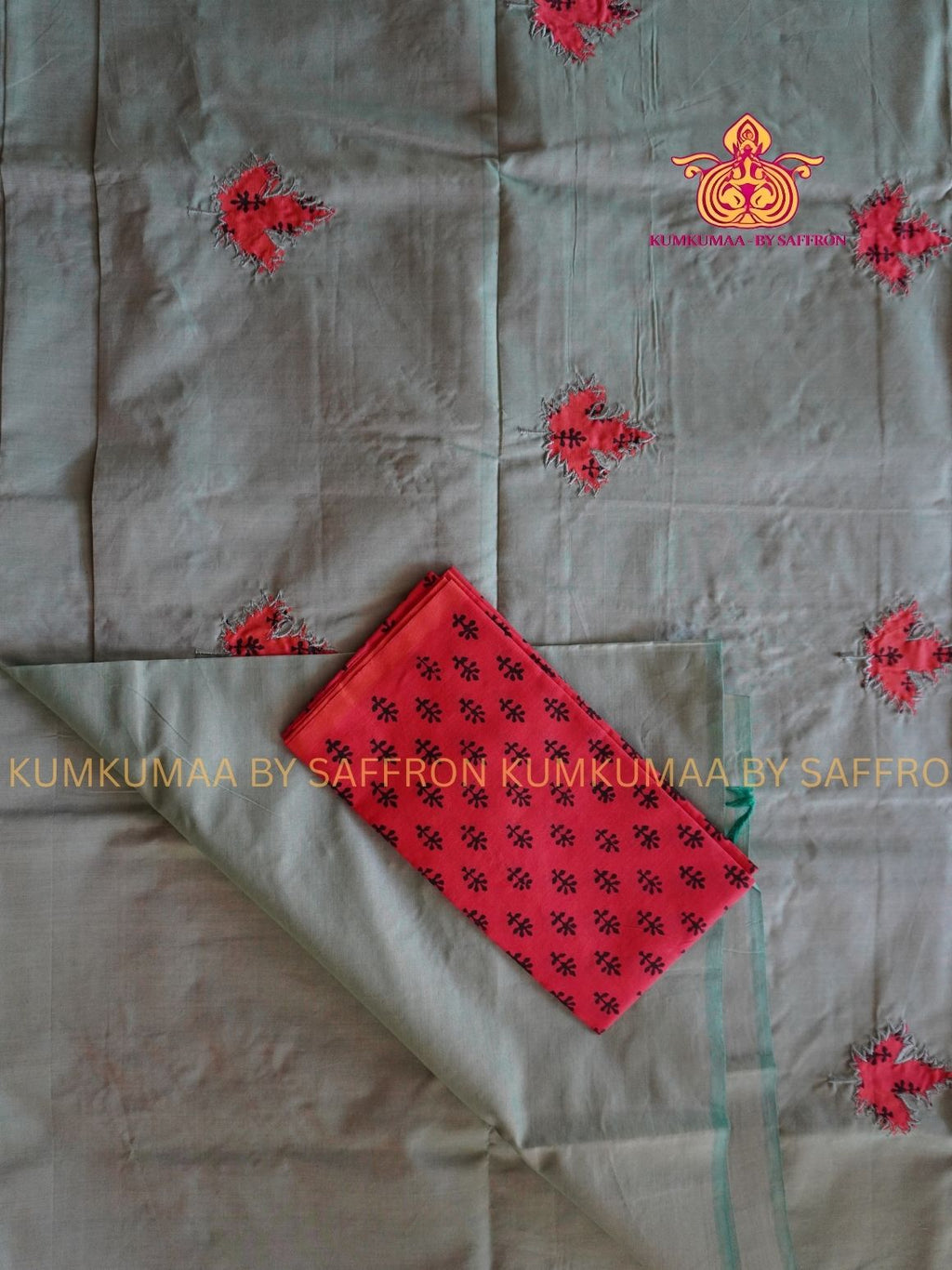 SOUTH COTTON-PASTEL GREEN SAREE - ORANGE APLIQUE WORK WITH RUNNING BLOUSE PLUS ADDITIONAL BLOUSE PIECE-KUMKUMAA COMFORT WEAR SAREE