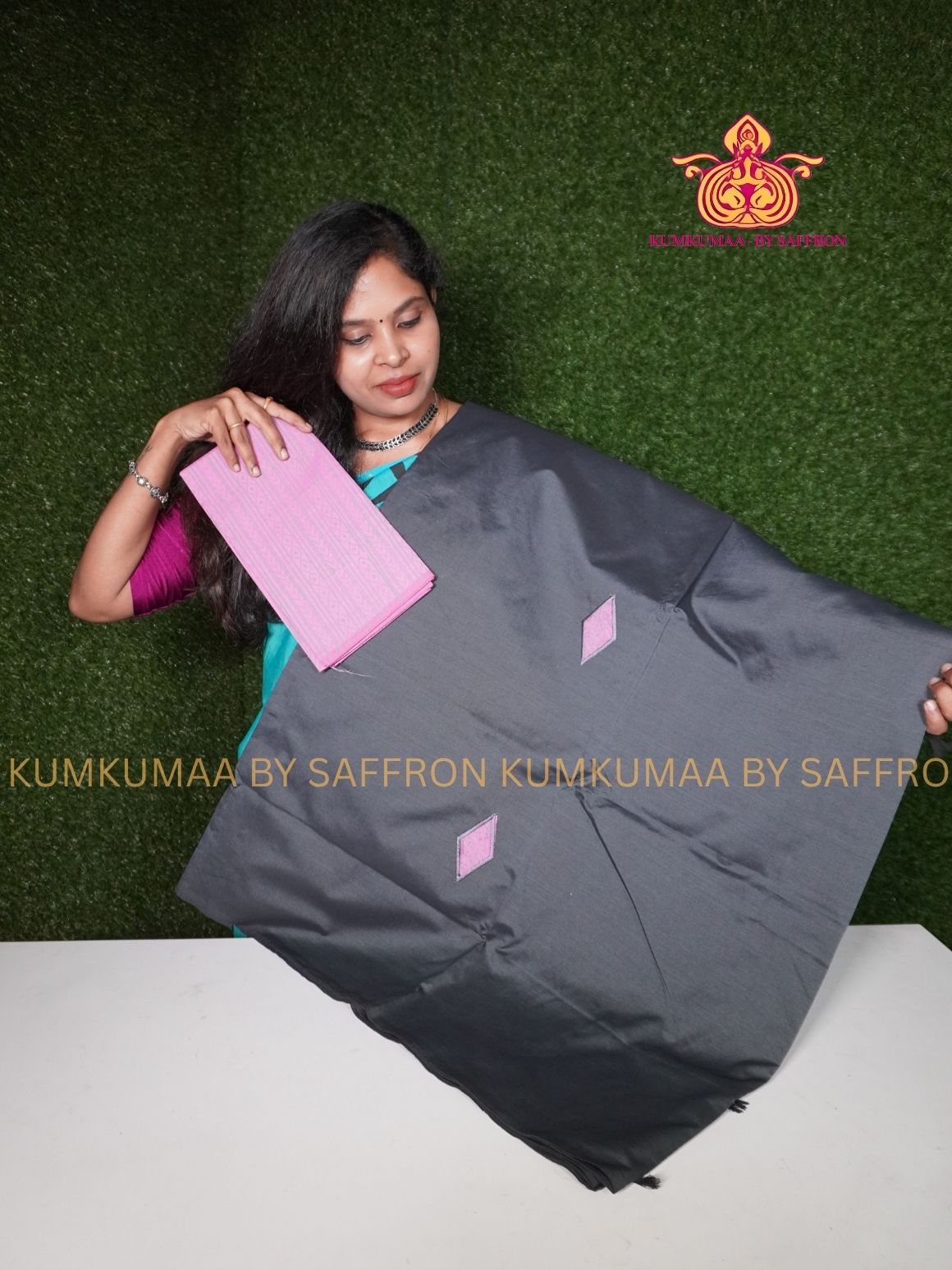 SOUTH COTTON-ELEPHANT GREY SAREE - PINK APLIQUE WORK WITH RUNNING BLOUSE PLUS ADDITIONAL BLOUSE PIECE-KUMKUMAA COMFORT WEAR SAREE