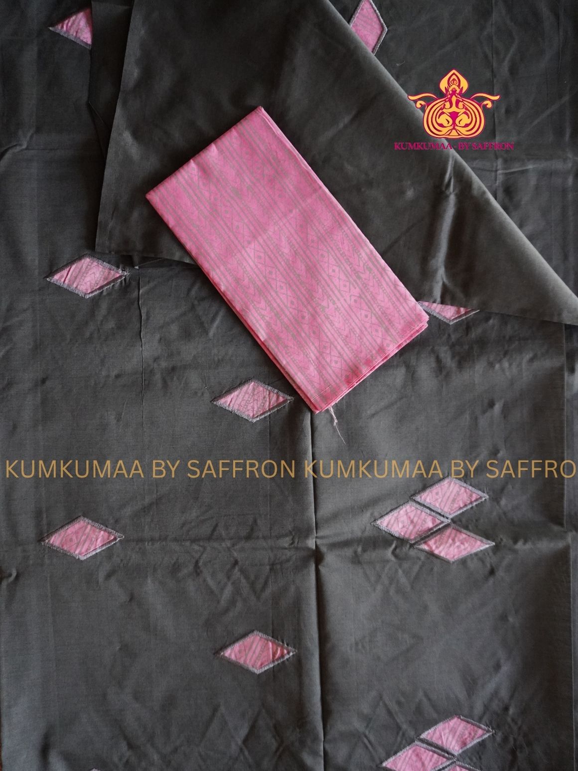SOUTH COTTON-ELEPHANT GREY SAREE - PINK APLIQUE WORK WITH RUNNING BLOUSE PLUS ADDITIONAL BLOUSE PIECE-KUMKUMAA COMFORT WEAR SAREE