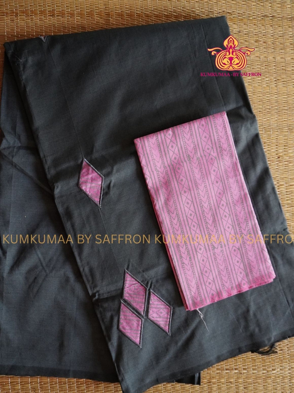 SOUTH COTTON-ELEPHANT GREY SAREE - PINK APLIQUE WORK WITH RUNNING BLOUSE PLUS ADDITIONAL BLOUSE PIECE-KUMKUMAA COMFORT WEAR SAREE