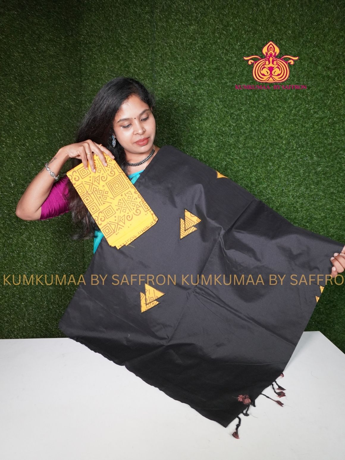 SOUTH COTTON-BLACK SAREE - CHROME YELLOW APLIQUE WORK WITH RUNNING BLOUSE PLUS ADDITIONAL BLOUSE PIECE-KUMKUMAA COMFORT WEAR SAREE