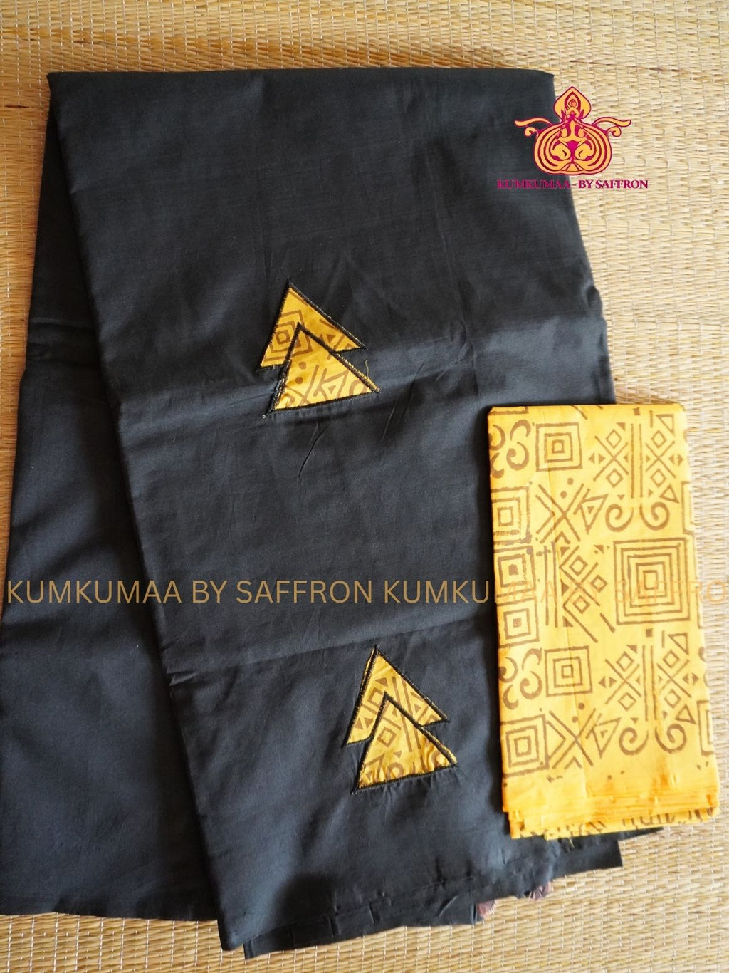 SOUTH COTTON-BLACK SAREE - CHROME YELLOW APLIQUE WORK WITH RUNNING BLOUSE PLUS ADDITIONAL BLOUSE PIECE-KUMKUMAA COMFORT WEAR SAREE