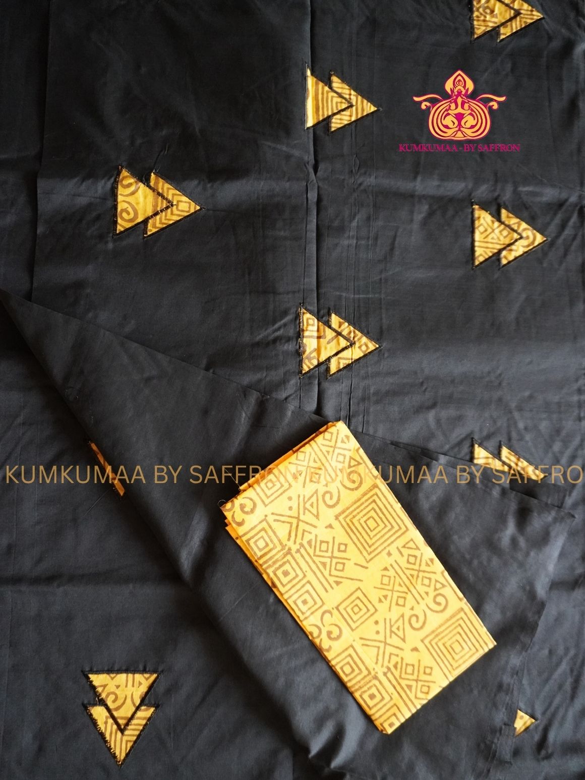 SOUTH COTTON-BLACK SAREE - CHROME YELLOW APLIQUE WORK WITH RUNNING BLOUSE PLUS ADDITIONAL BLOUSE PIECE-KUMKUMAA COMFORT WEAR SAREE