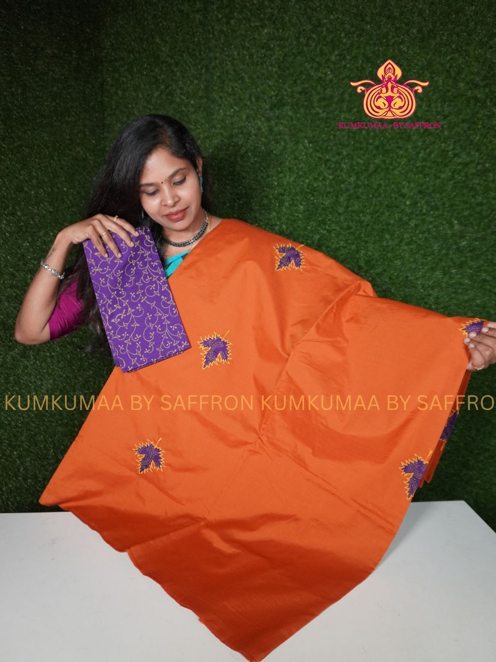 SOUTH COTTON-ORANGE SAREE - PURPLE APLIQUE WORK WITH RUNNING BLOUSE PLUS ADDITIONAL BLOUSE PIECE-KUMKUMAA COMFORT WEAR SAREE