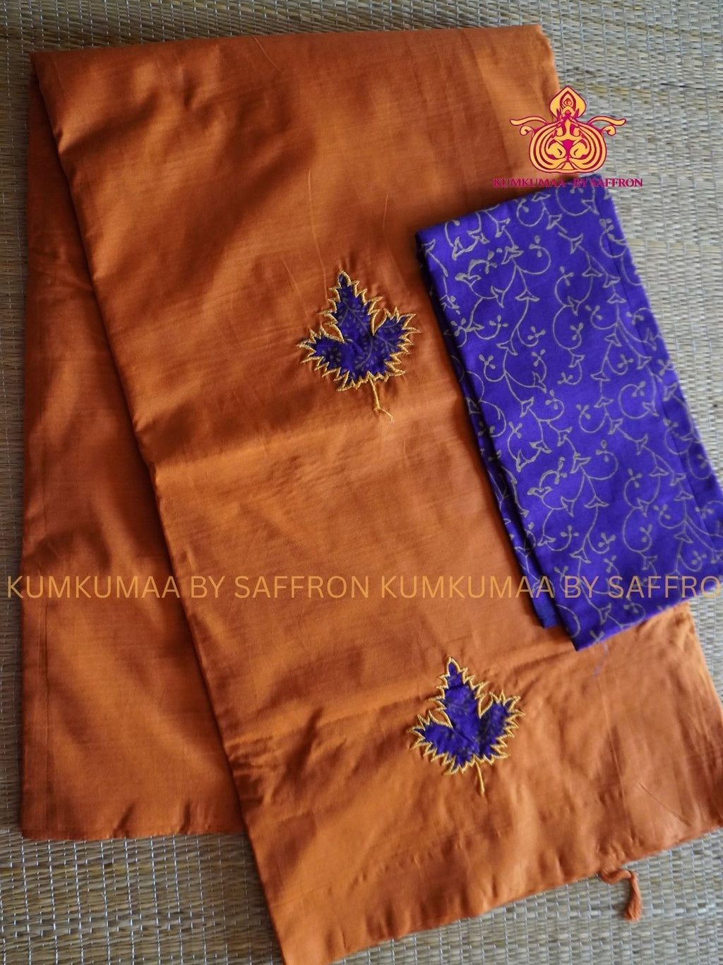 SOUTH COTTON-ORANGE SAREE - PURPLE APLIQUE WORK WITH RUNNING BLOUSE PLUS ADDITIONAL BLOUSE PIECE-KUMKUMAA COMFORT WEAR SAREE