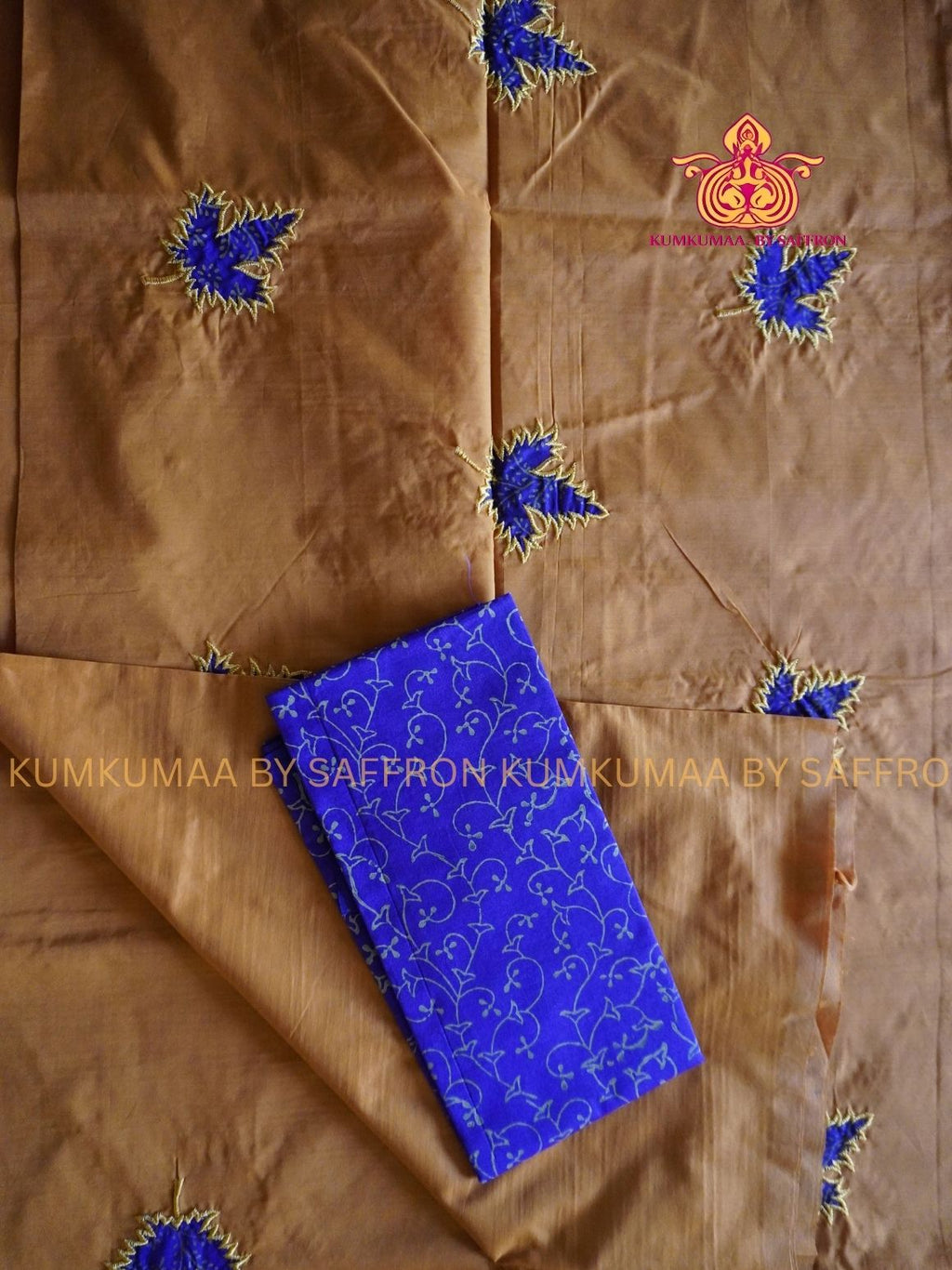SOUTH COTTON-ORANGE SAREE - PURPLE APLIQUE WORK WITH RUNNING BLOUSE PLUS ADDITIONAL BLOUSE PIECE-KUMKUMAA COMFORT WEAR SAREE