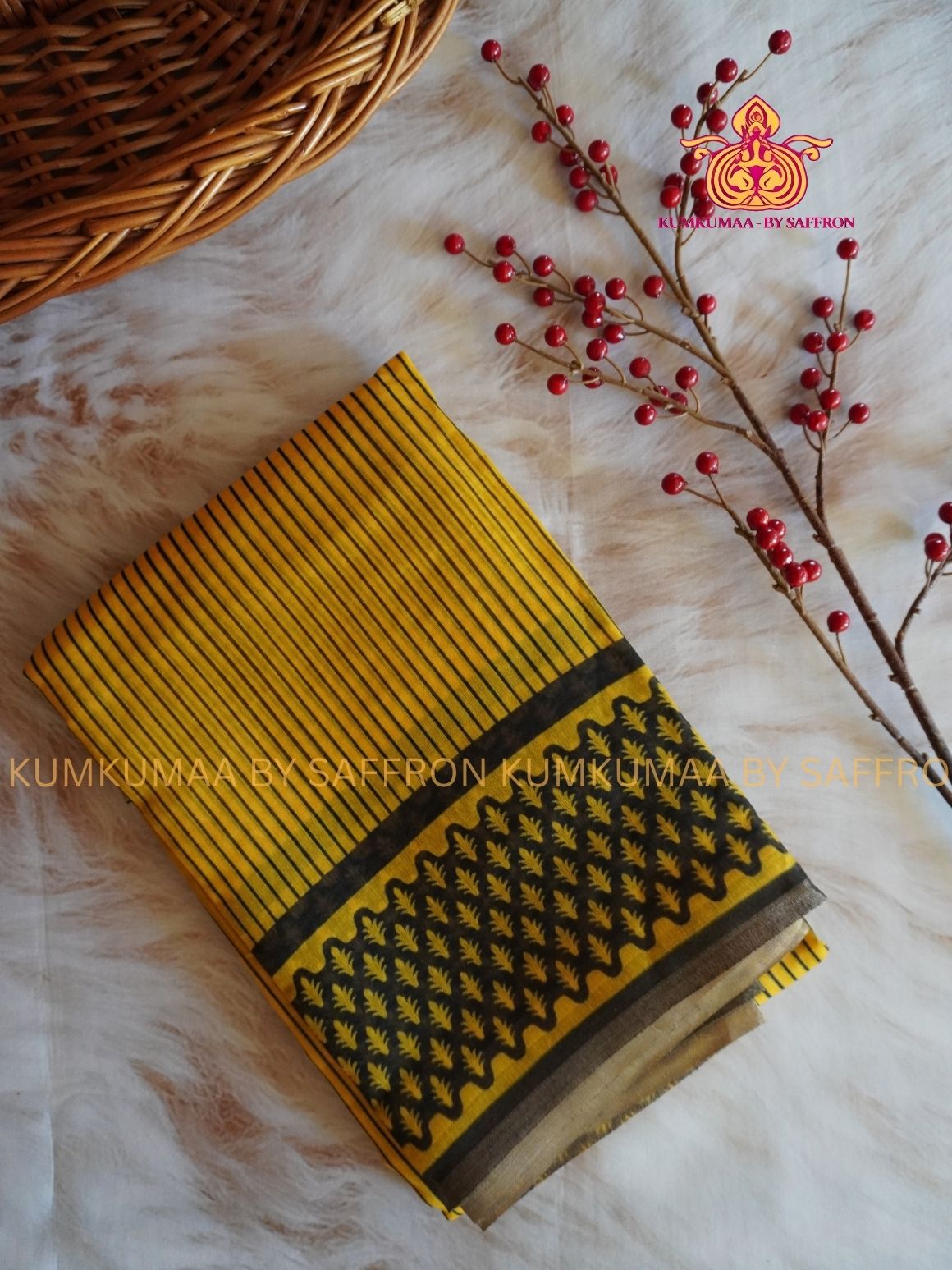 CHANDERI COTTON - YELLOW WITH BLACK - STRIPE DESIGN- PROFESSIONAL WEAR- MINIMALIST BORDER - LATEST COLLECTION - KUMKUMAA BY SAFFRON - ELITE DESIGN