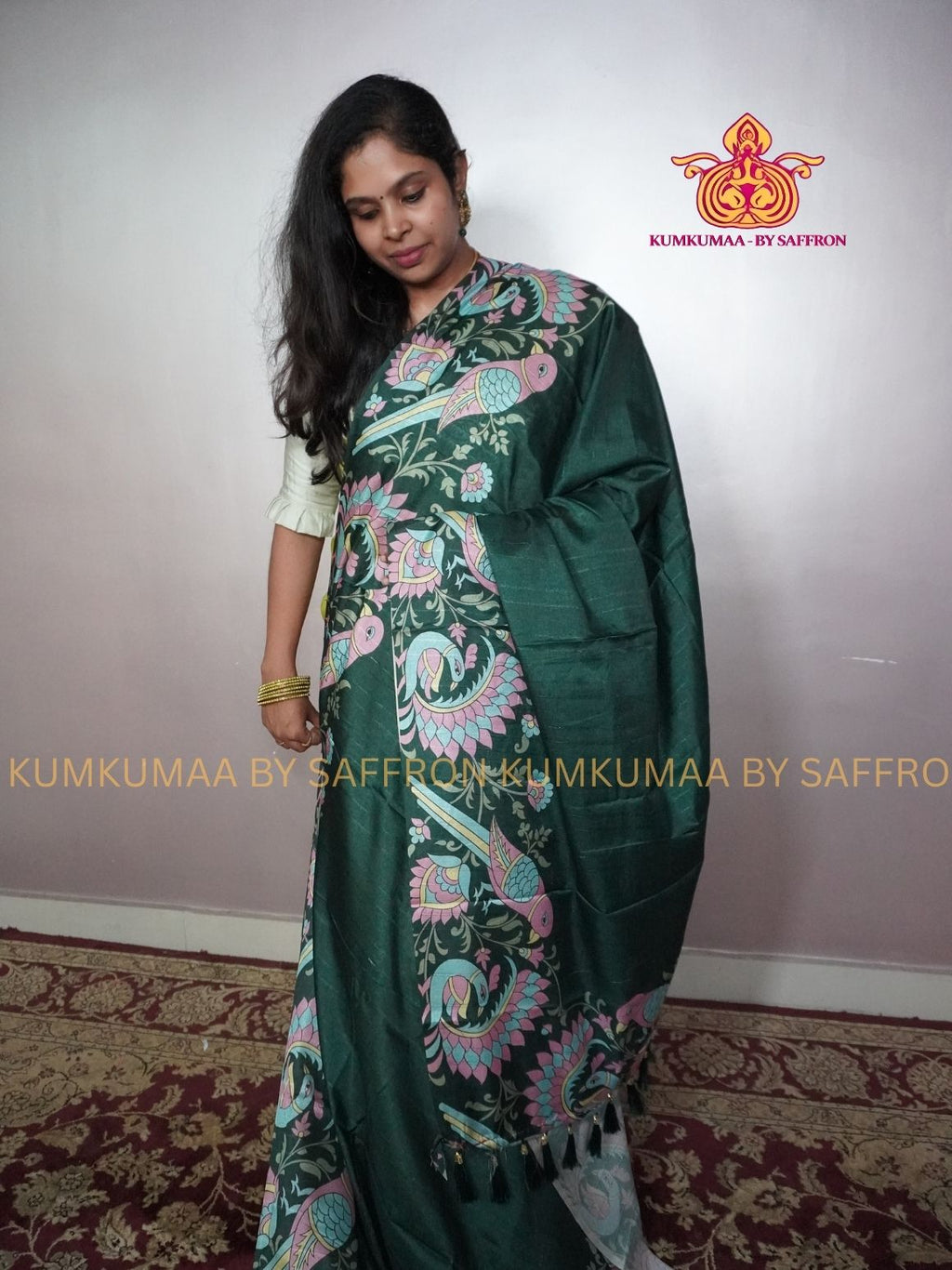 TUSSAR SILK - GREEN WITH PASTEL PARROT PRINTED SAREE - RICH AND BEAUTIFUL- KUMKUMAA BY SAFFRON - UNIQUE DESIGN
