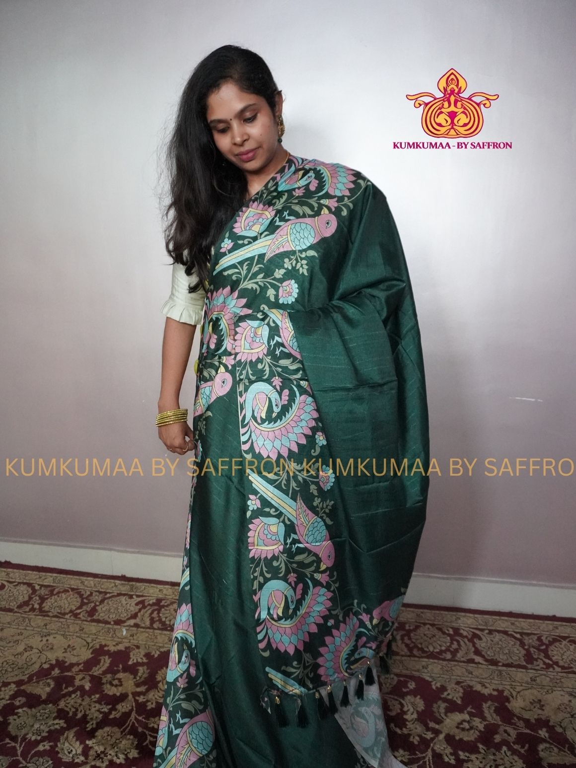 TUSSAR SILK - GREEN WITH PASTEL PARROT PRINTED SAREE - RICH AND BEAUTIFUL- KUMKUMAA BY SAFFRON - UNIQUE DESIGN