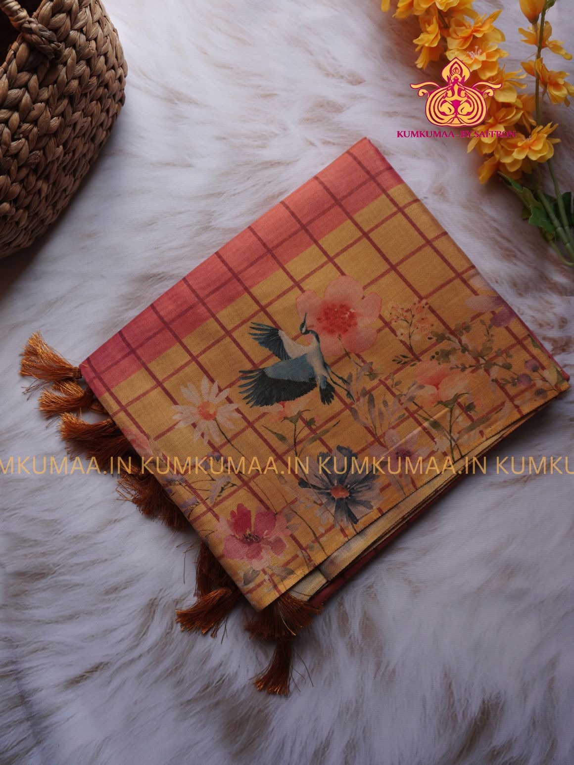 SOFT TISSUE - ORANGE WITH BEIGE COLOUR WITH BLOUSE - TISSUE WEAVING - SHINE TISSUE WITH FLORAL DESIGN -KUMKUMAA EXCLUSIVE