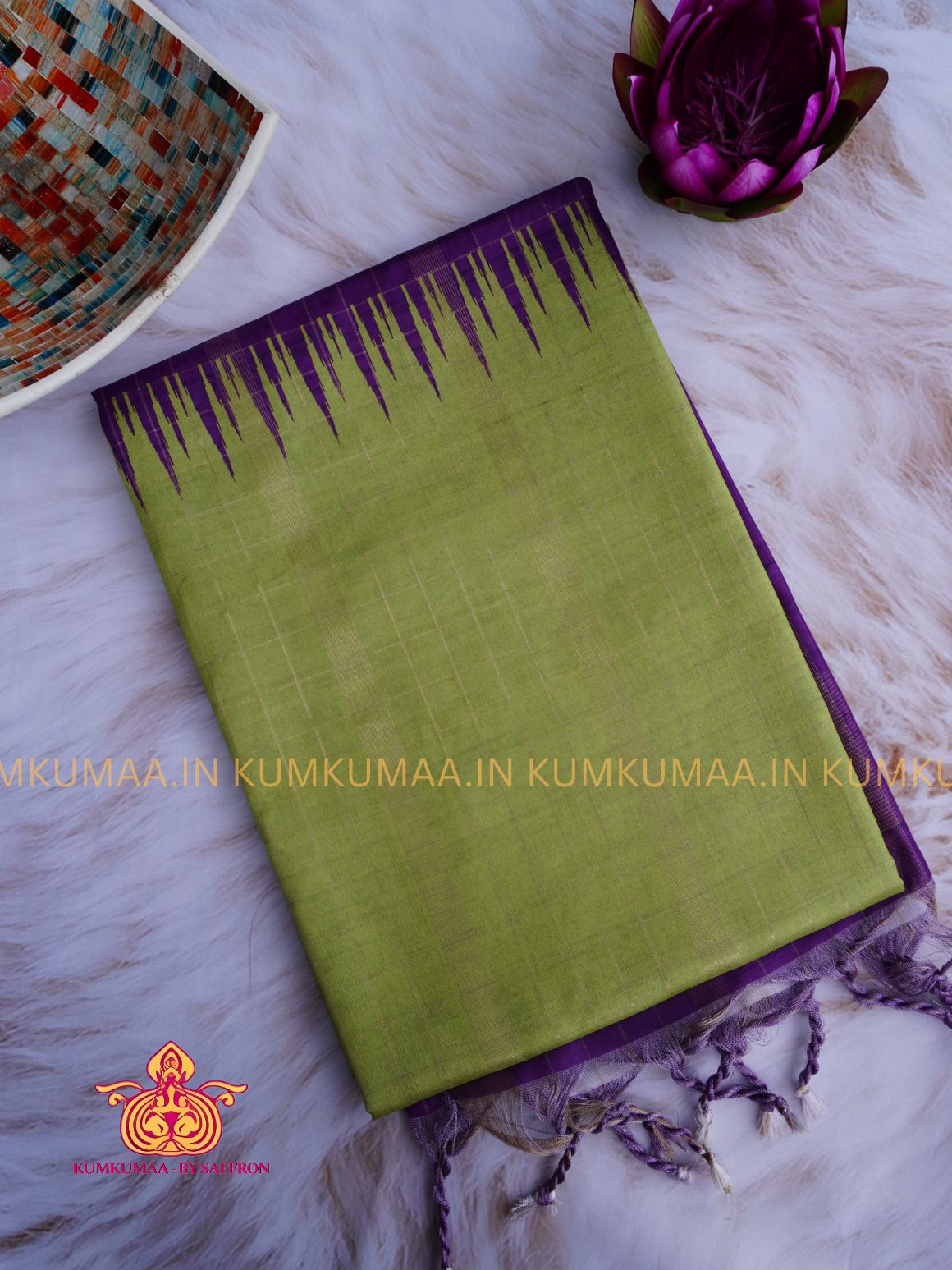 SOFT TUSSAR SILK - PURPLE AND GREEN COLOUR TEMPLE DESIGN SAREE- CHECKED PALLU - LATEST COLLECTION - KUMKUMAA BY SAFFRON - UNIQUE DESIGN
