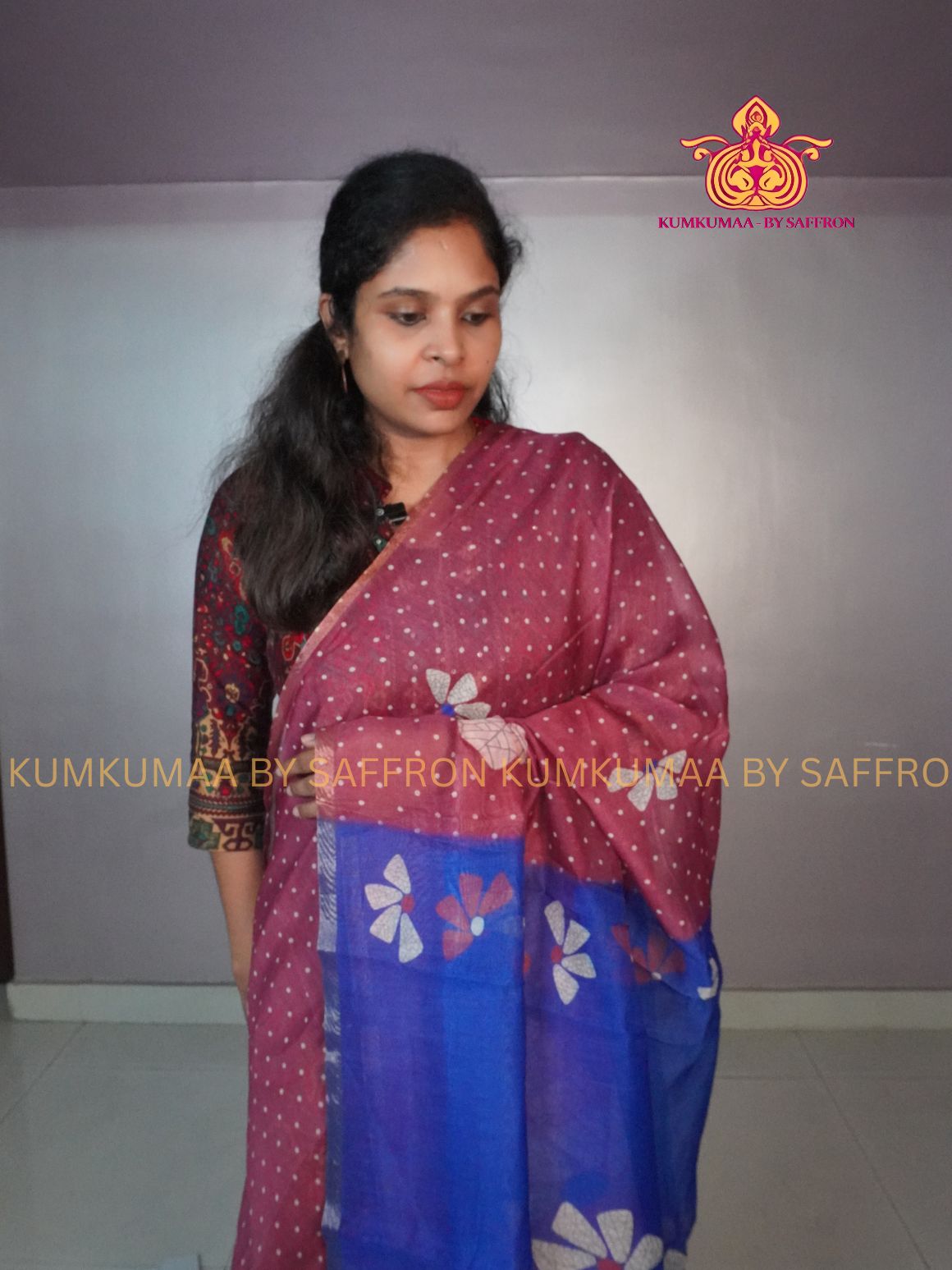 CHANDERI COTTON - DUSTY ROSE WITH BLUE- FLORAL BUTTA DESIGN- PROFESSIONAL WEAR- MINIMALIST BORDER - LATEST COLLECTION - KUMKUMAA BY SAFFRON - ELITE DESIGN