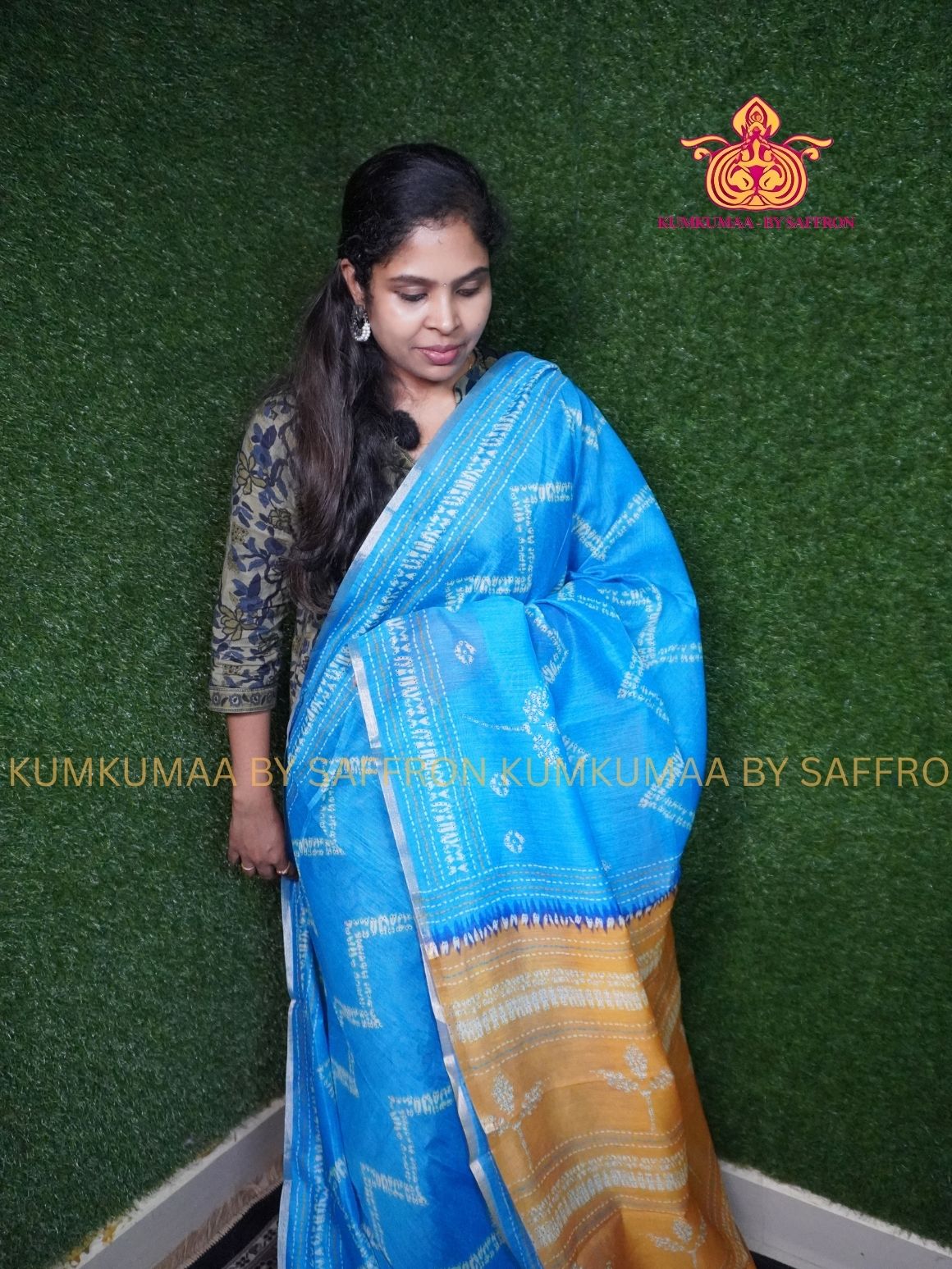 CHANDERI COTTON - BLUE WITH YELLOW- TIE DYE DESIGN- PROFESSIONAL WEAR- MINIMALIST BORDER - LATEST COLLECTION - KUMKUMAA BY SAFFRON - ELITE DESIG