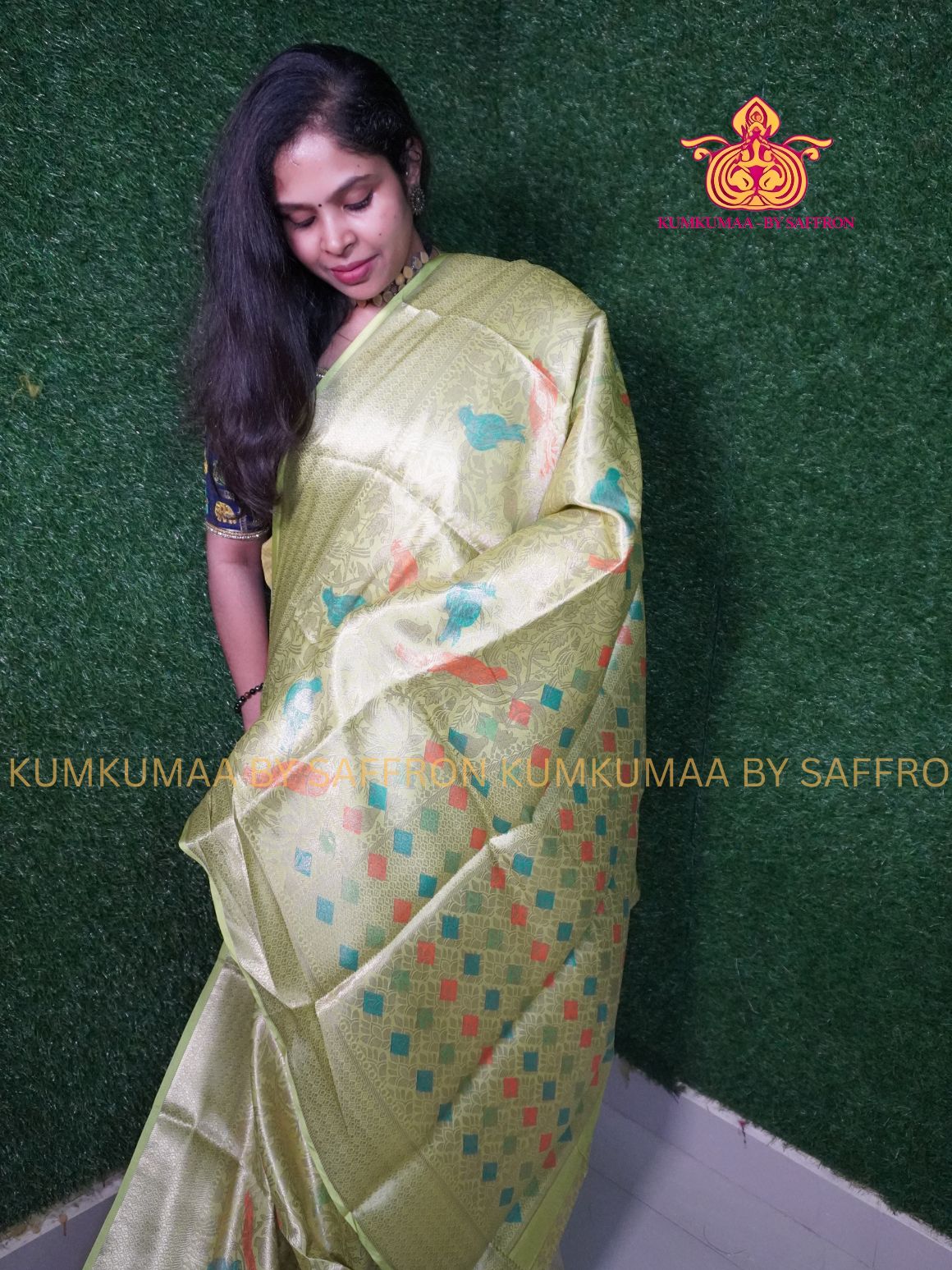 FANCY SAREE - GREEN WITH ORANGE SAREE - PARROT AND GEOMETRIC DESIGN - TRENDY TEMPLE WEAR SAREE- Beautiful saree for women - KUMKUMAA FANCY FOR ALL OCCASION
