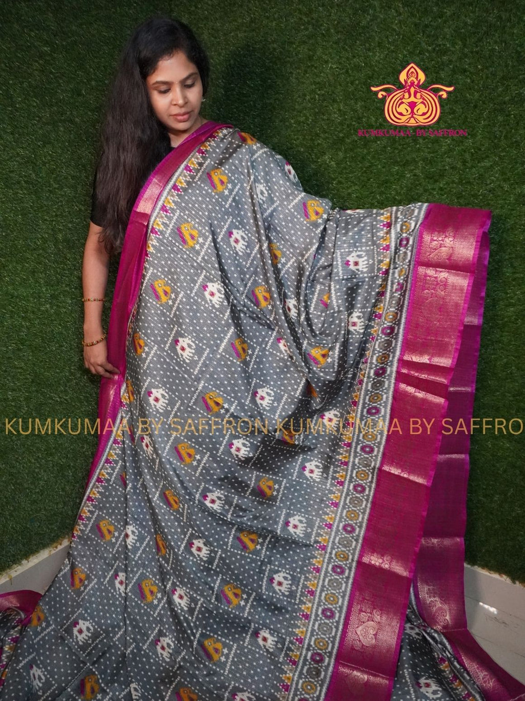 Dola Silk - COMFORTABLE FESTIVE Beautiful saree for women- GRAY-PINK COLOUR - IKKAT PATOLA DESIGN - ZARI BORDER - KUMKUMAA TRENDY TRADITIONAL WEAR - Comfort - Confidence - Elegance