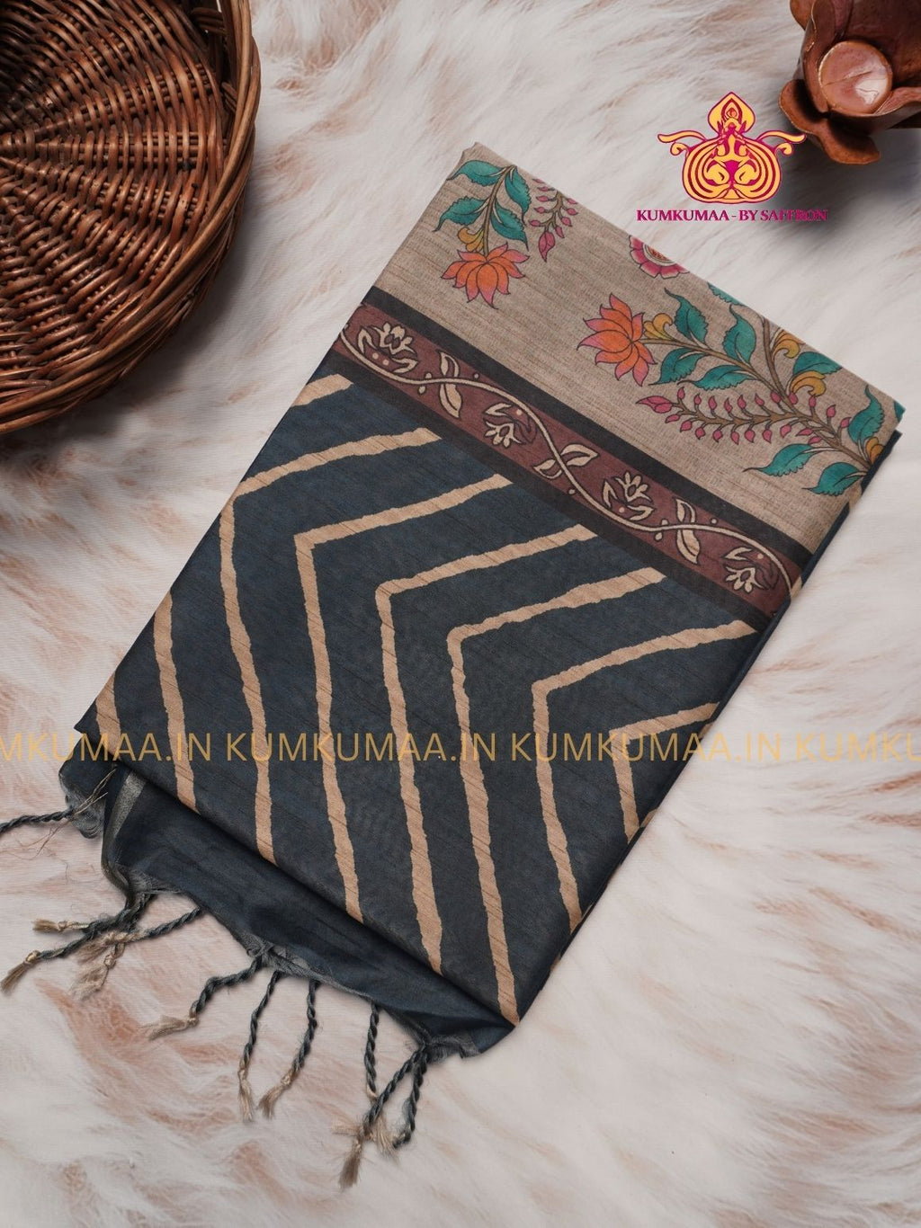 TUSSAR SILK - DARK BLUE COLOUR ZIG ZAG DESIGN SAREE- MEHANDI DESIGN PALLU - LATEST COLLECTION - KUMKUMAA BY SAFFRON - UNIQUE DESIGN