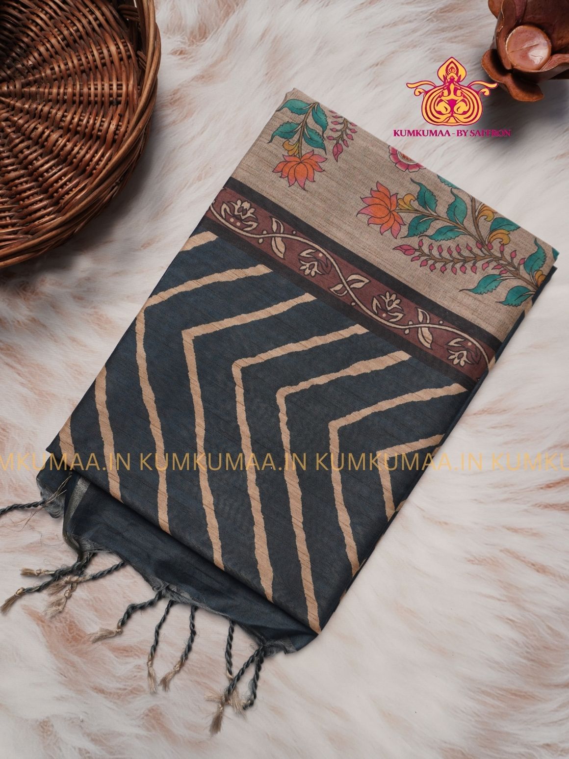 TUSSAR SILK - DARK BLUE COLOUR ZIG ZAG DESIGN SAREE- MEHANDI DESIGN PALLU - LATEST COLLECTION - KUMKUMAA BY SAFFRON - UNIQUE DESIGN