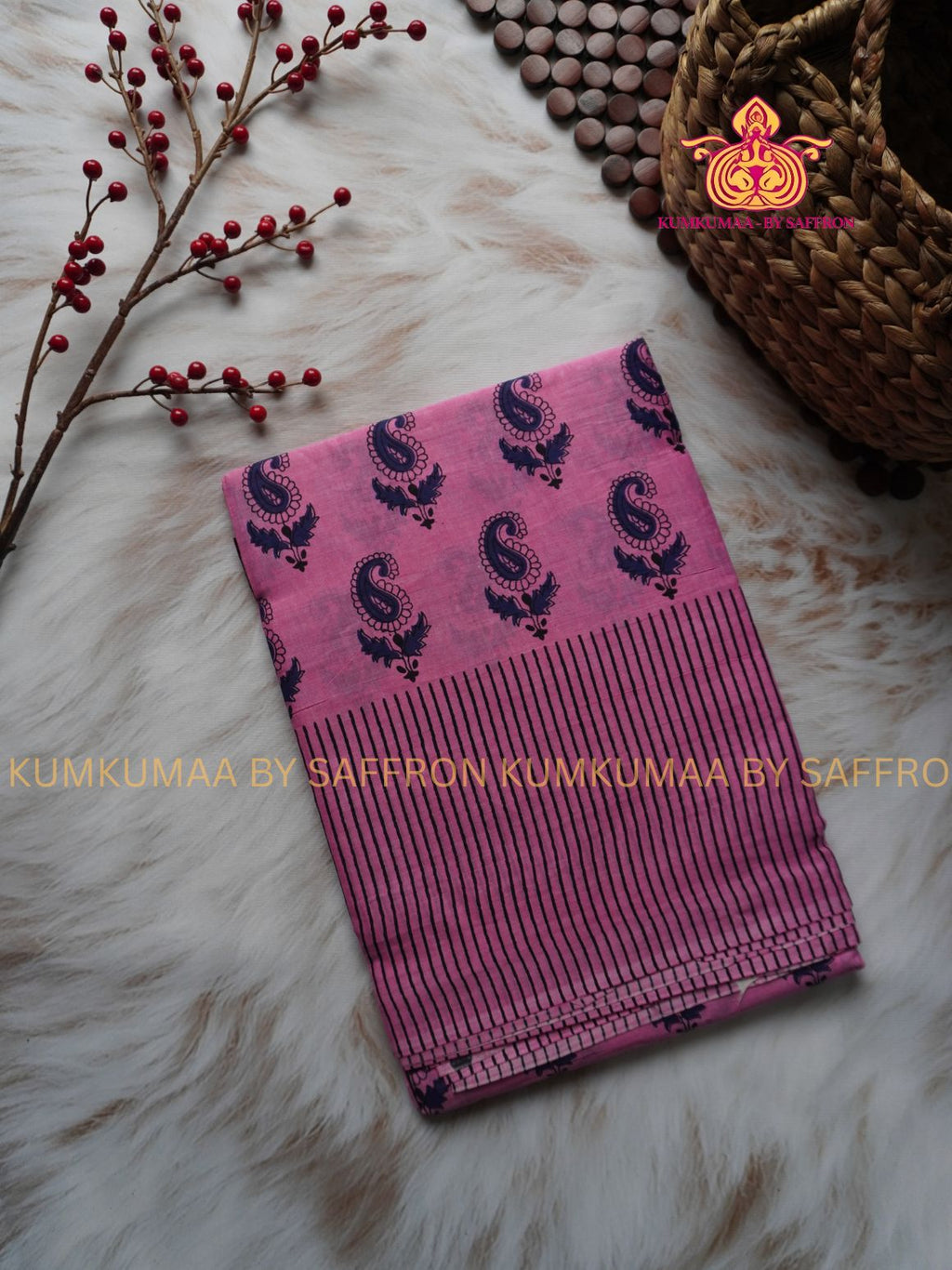 MUL COTTON-PINK & BLACK SAREE WITH BLOUSE - MANGO PRINT- SOFTEST EVERYDAY WEAR - BEST COTTON SAREE- COMFORT AND TRENDY - STYLE WITH COMFORT - Kumkumaa EVERYDAY SAREE