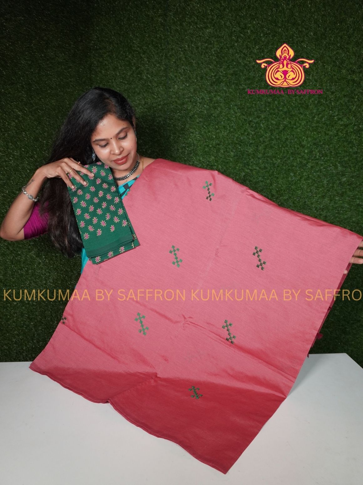 SOUTH COTTON-DUSTY ROSE SAREE - GREEN APLIQUE WORK WITH RUNNING BLOUSE PLUS ADDITIONAL BLOUSE PIECE-KUMKUMAA COMFORT WEAR SAREE
