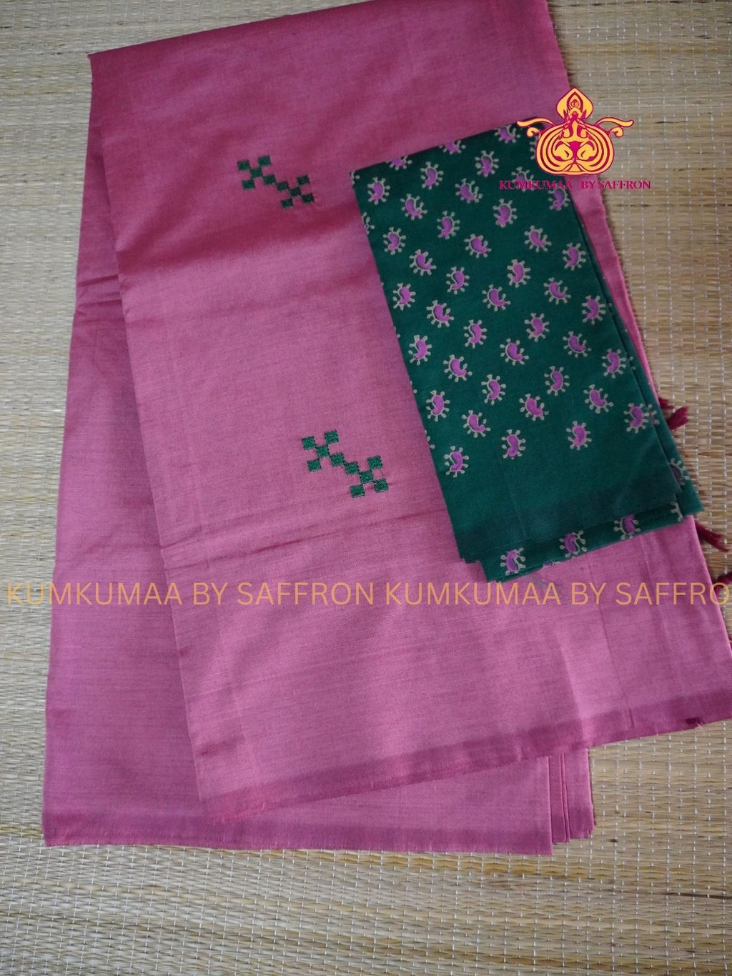 SOUTH COTTON-DUSTY ROSE SAREE - GREEN APLIQUE WORK WITH RUNNING BLOUSE PLUS ADDITIONAL BLOUSE PIECE-KUMKUMAA COMFORT WEAR SAREE