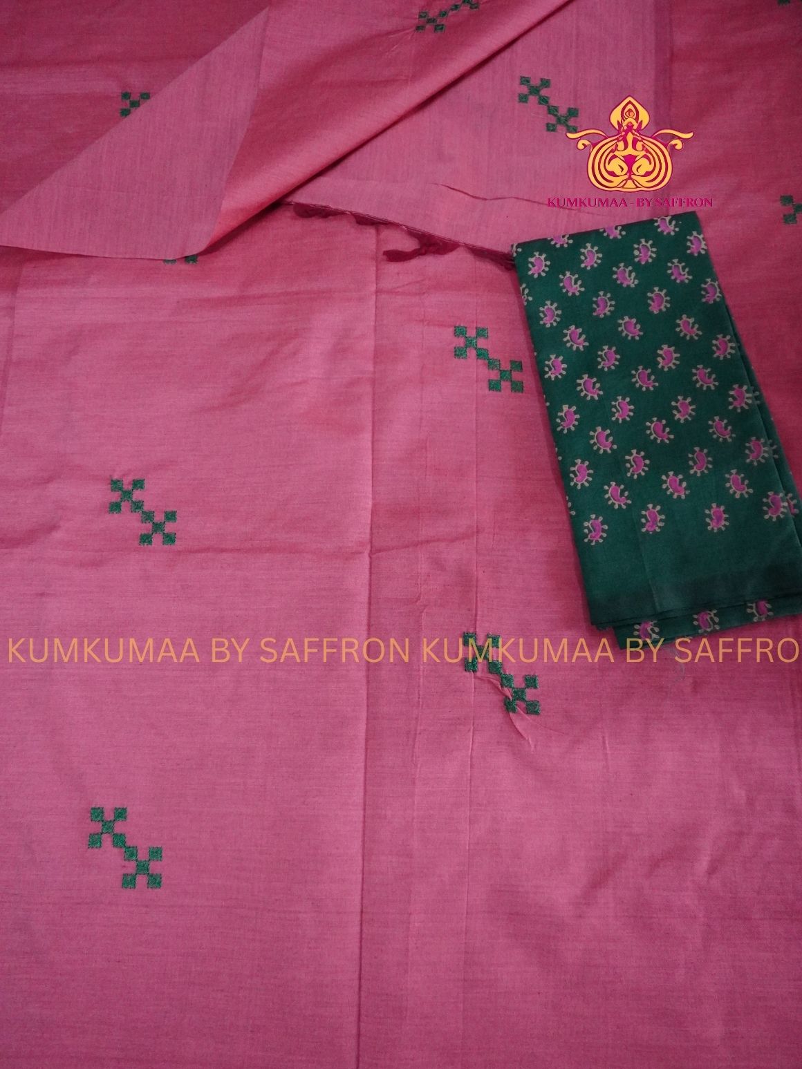 SOUTH COTTON-DUSTY ROSE SAREE - GREEN APLIQUE WORK WITH RUNNING BLOUSE PLUS ADDITIONAL BLOUSE PIECE-KUMKUMAA COMFORT WEAR SAREE