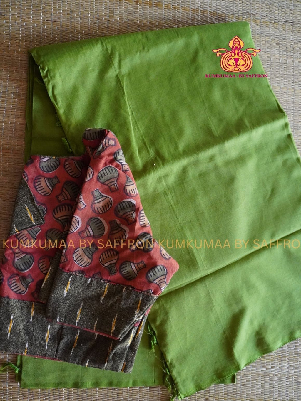 SOUTH COTTON- PLAIN GREEN SAREE - WITH RUNNING BLOUSE PLUS ADDITIONAL BLOUSE FULLY STITCHED-KUMKUMAA COMFORT WEAR SAREE