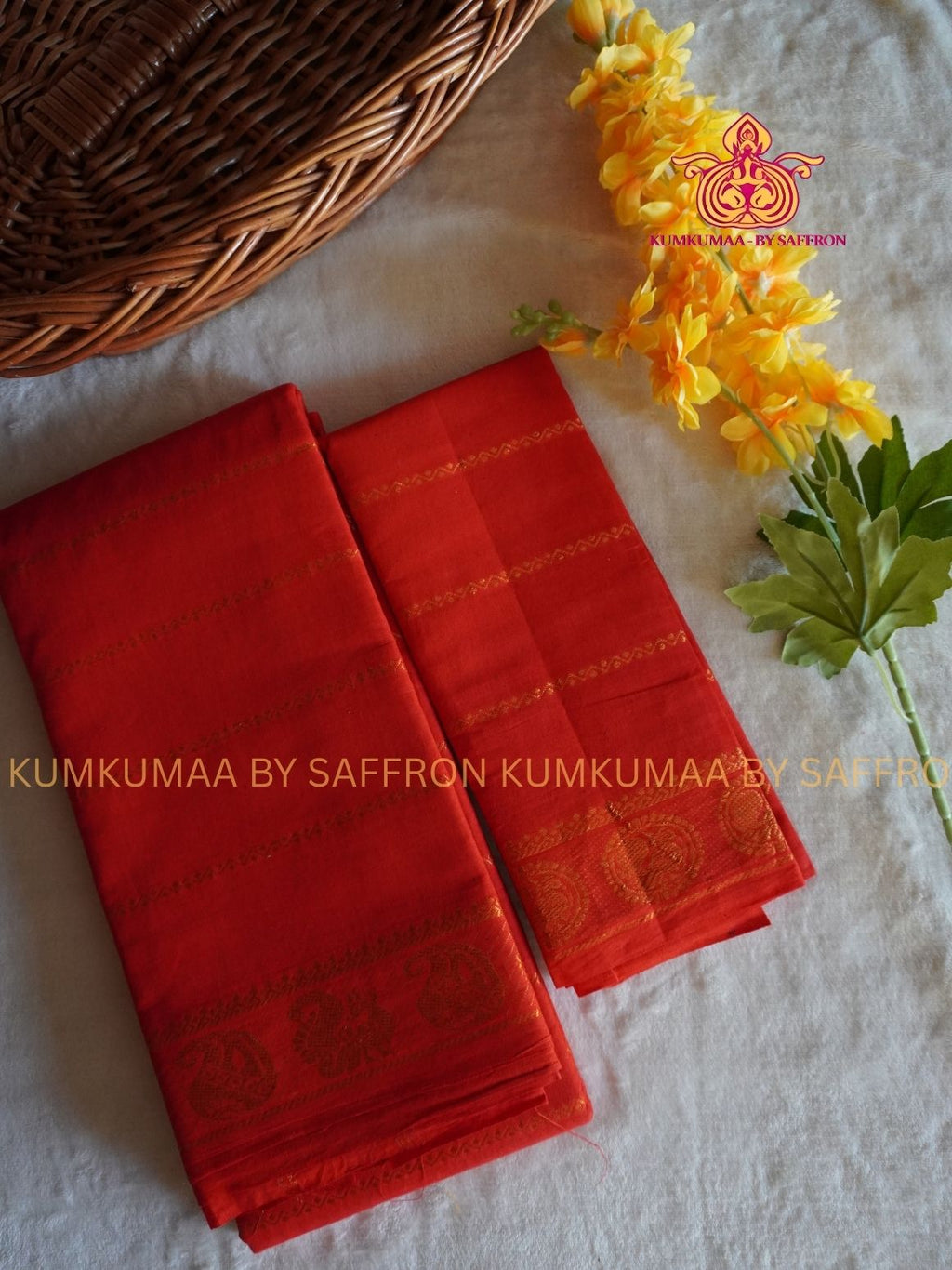SUNGUDI COTTON- ORANGE SAREE WITH BLOUSE - Kumkumaa comfort wear -Soft and breathable -Handloom