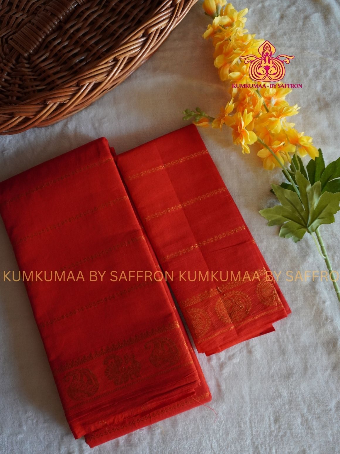 SUNGUDI COTTON- ORANGE SAREE WITH BLOUSE - Kumkumaa comfort wear -Soft and breathable -Handloom