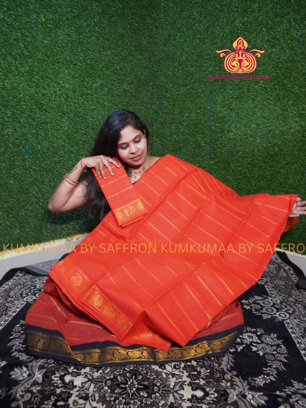 SUNGUDI COTTON- ORANGE SAREE WITH BLOUSE - Kumkumaa comfort wear -Soft and breathable -Handloom