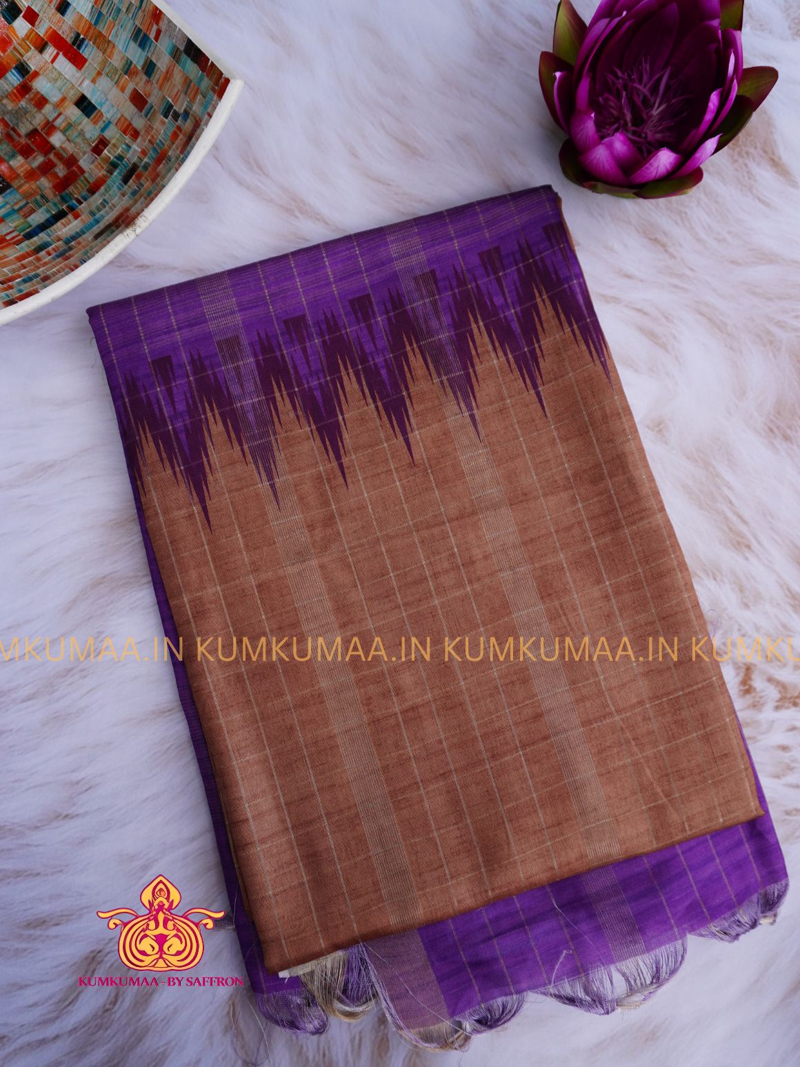 SOFT TUSSAR SILK - PURPLE AND ORANGE COLOUR TEMPLE DESIGN SAREE- CHECKED PALLU - LATEST COLLECTION - KUMKUMAA BY SAFFRON - UNIQUE DESIGN