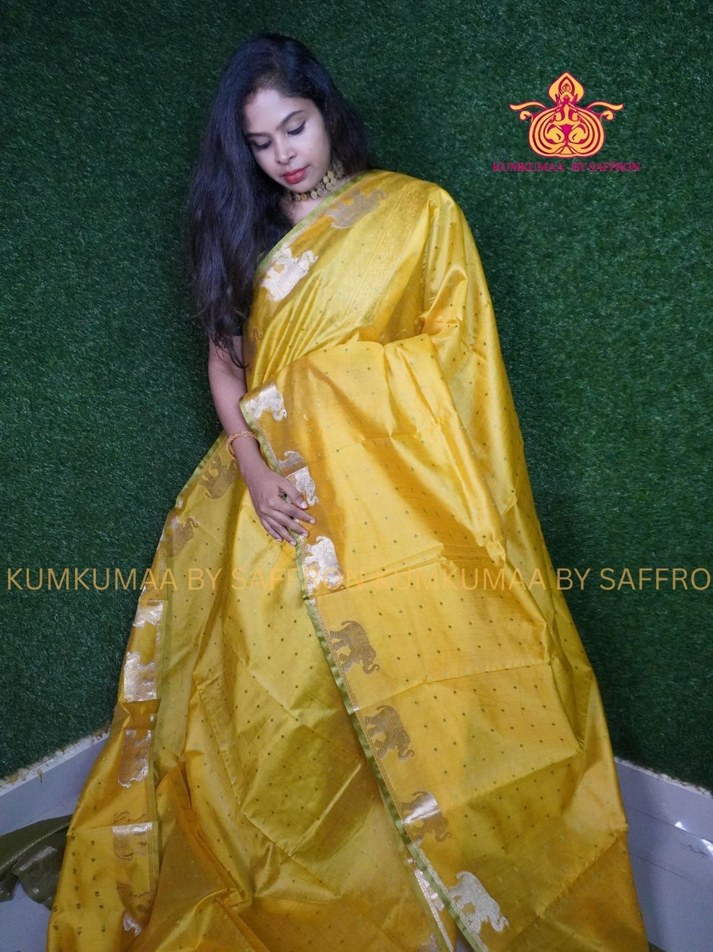 SILK COTTON - YELLOW WITH OLIVE GREEN COMBO - ELEPHANT WEAVING DESIGN SAREE- Beautiful saree for women - KUMKUMAA wedding saree