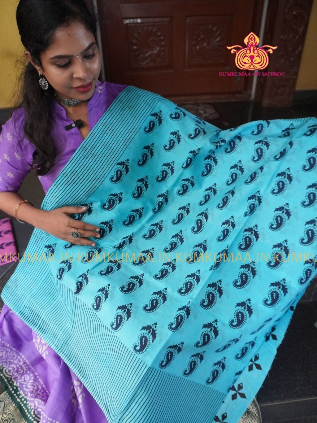 MUL COTTON-LIGHT BLUE & BLACK SAREE WITH BLOUSE - MANGO PRINT- SOFTEST EVERYDAY WEAR - BEST COTTON SAREE- COMFORT AND TRENDY - STYLE WITH COMFORT - Kumkumaa EVERYDAY SAREE