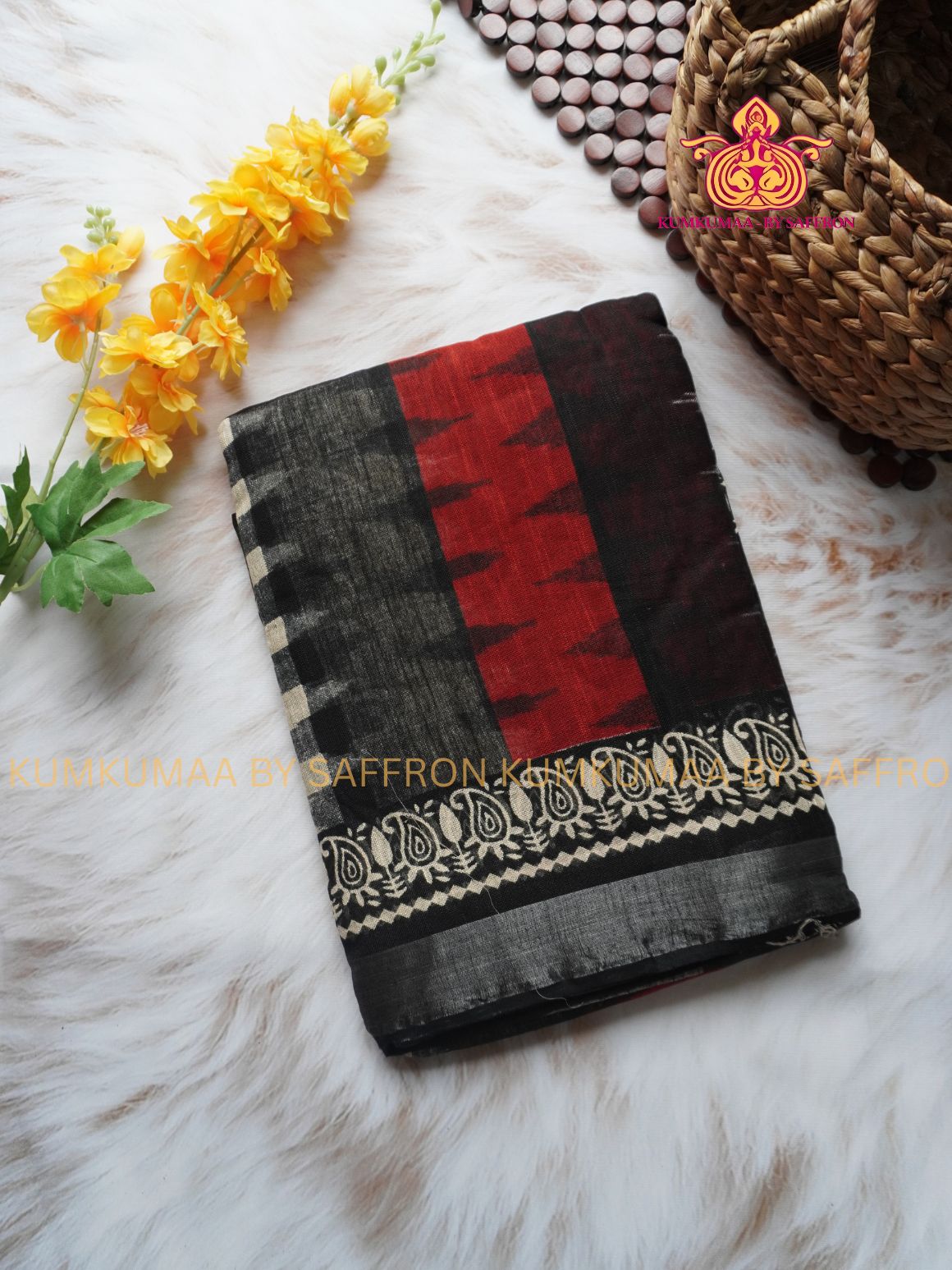 LINEN COTTON- BLACK WITH RED AND WHITE STRIPED DESIGN PRINTED SAREE- Soft and comfortable everyday wear saree - WITH BLOUSE - Kumkumaa exclusive - Comfort wear Collection- Trendy and comfortable