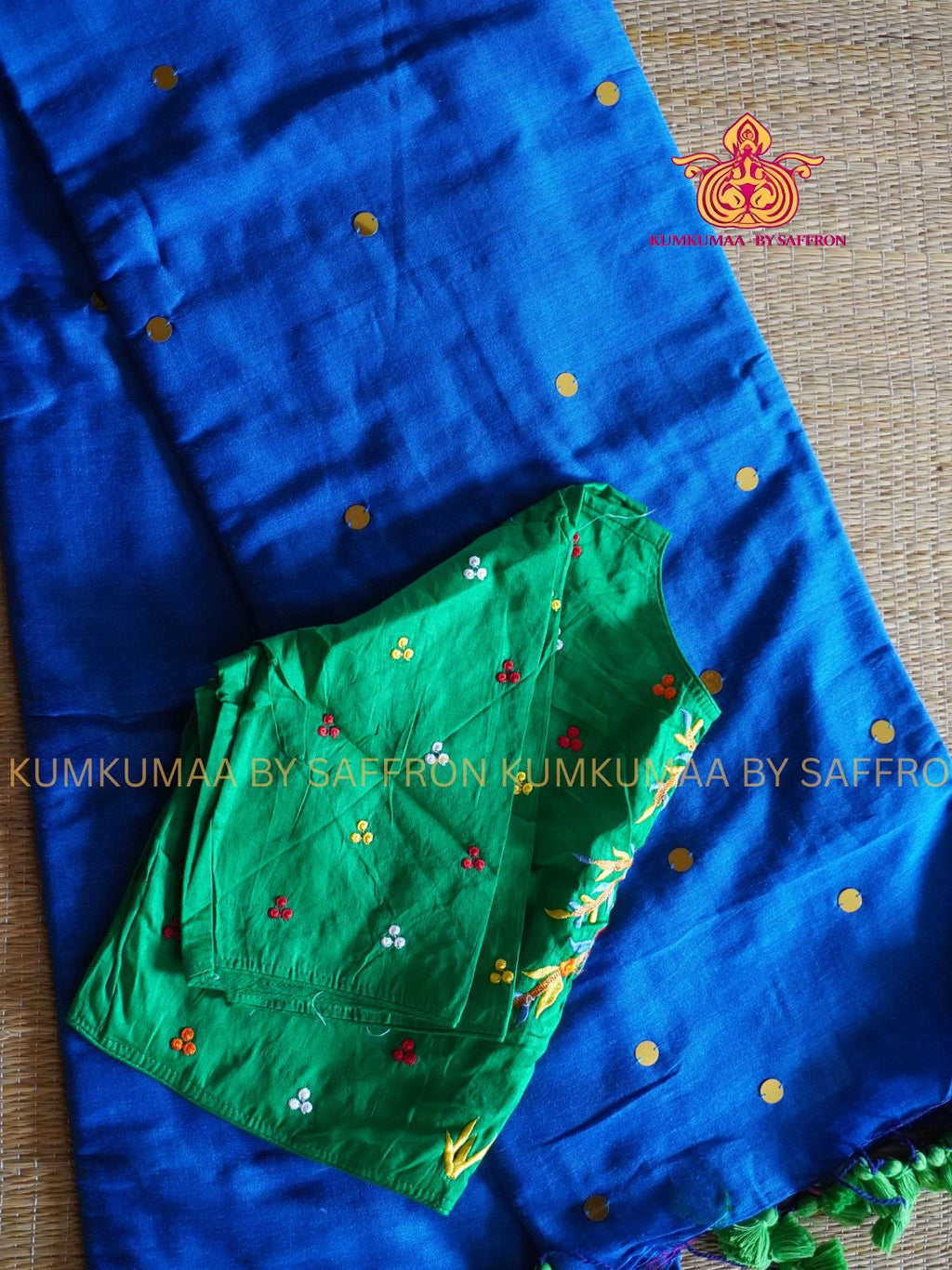 KATHI COTTON- BLUE SAREE WITH SEQUENCE EMBROIDERY- EXTRA BLOUSE WITH EMBROIDERY DESIGN - Kumkumaa Exclusive SOFT KADHI COTTON - FANCY COMFORT