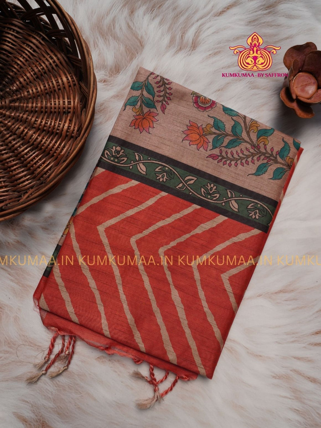 TUSSAR SILK - ORANGE COLOUR ZIG ZAG DESIGN SAREE- MEHANDI DESIGN PALLU - LATEST COLLECTION - KUMKUMAA BY SAFFRON - UNIQUE DESIGN