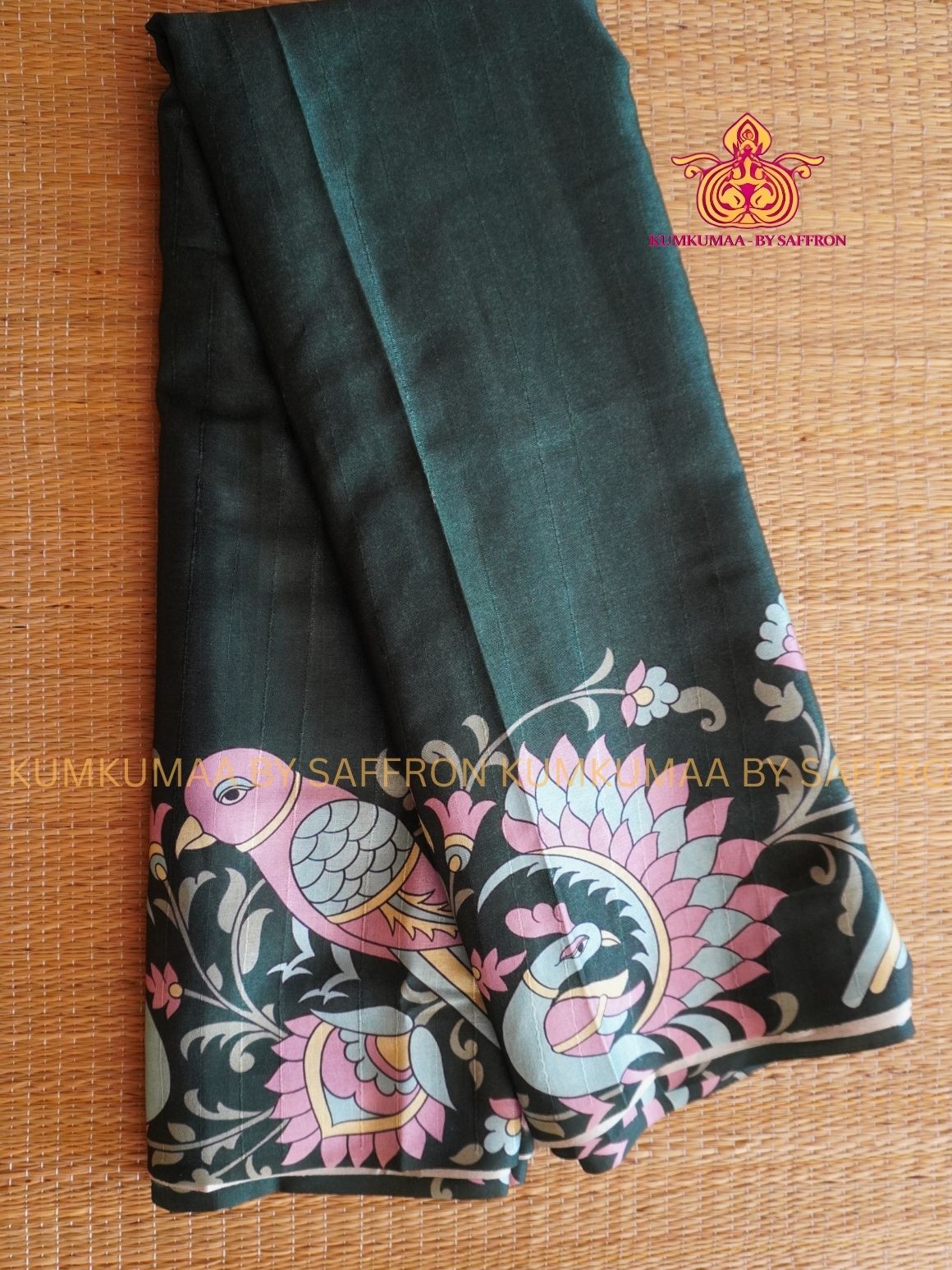TUSSAR SILK - GREEN WITH PASTEL PARROT PRINTED SAREE - RICH AND BEAUTIFUL- KUMKUMAA BY SAFFRON - UNIQUE DESIGN