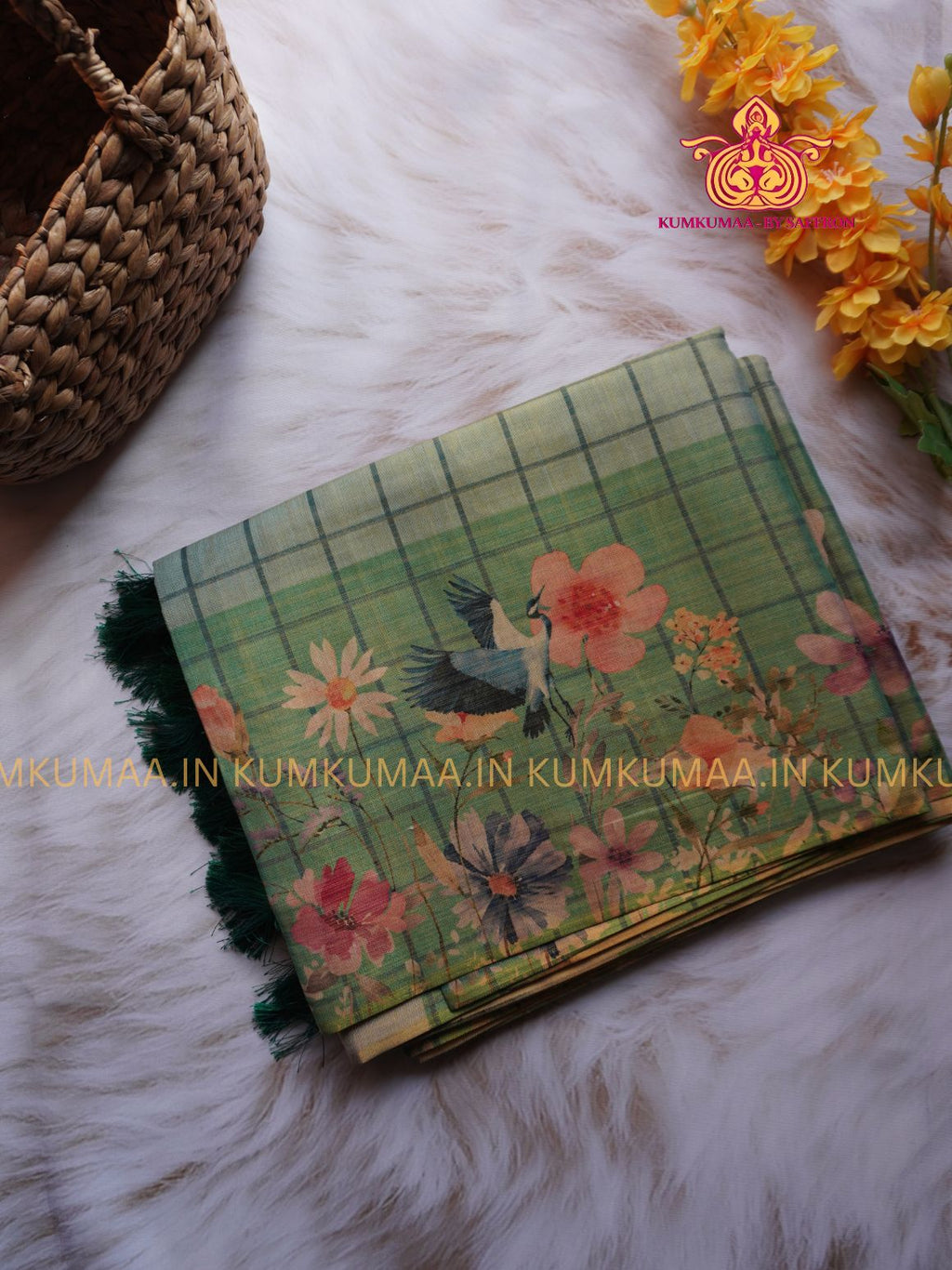 SOFT TISSUE - GREEN COLOUR WITH BLOUSE - TISSUE WEAVING - SHINE TISSUE WITH FLORAL DESIGN -KUMKUMAA EXCLUSIVE