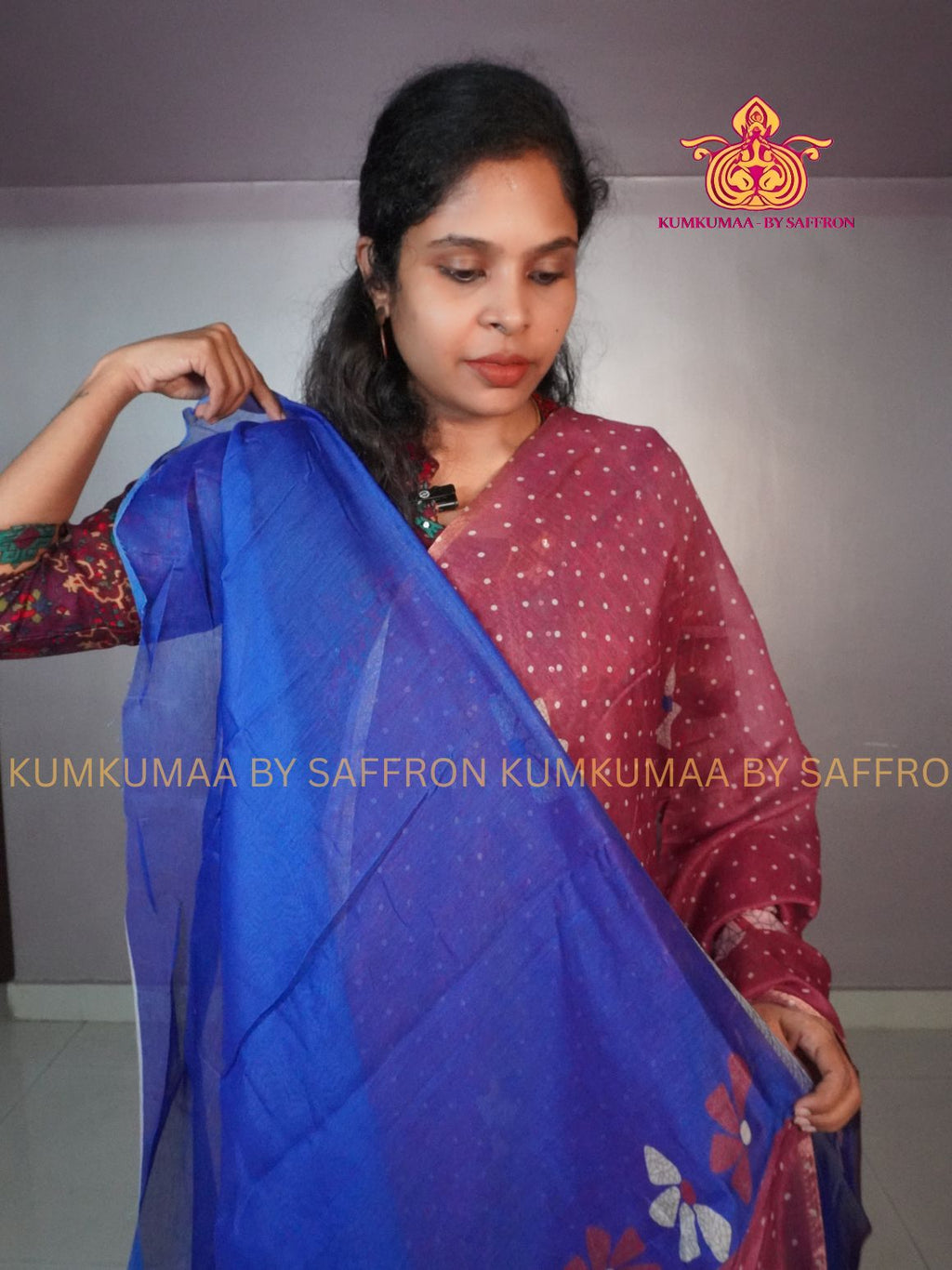 CHANDERI COTTON - DUSTY ROSE WITH BLUE- FLORAL BUTTA DESIGN- PROFESSIONAL WEAR- MINIMALIST BORDER - LATEST COLLECTION - KUMKUMAA BY SAFFRON - ELITE DESIGN