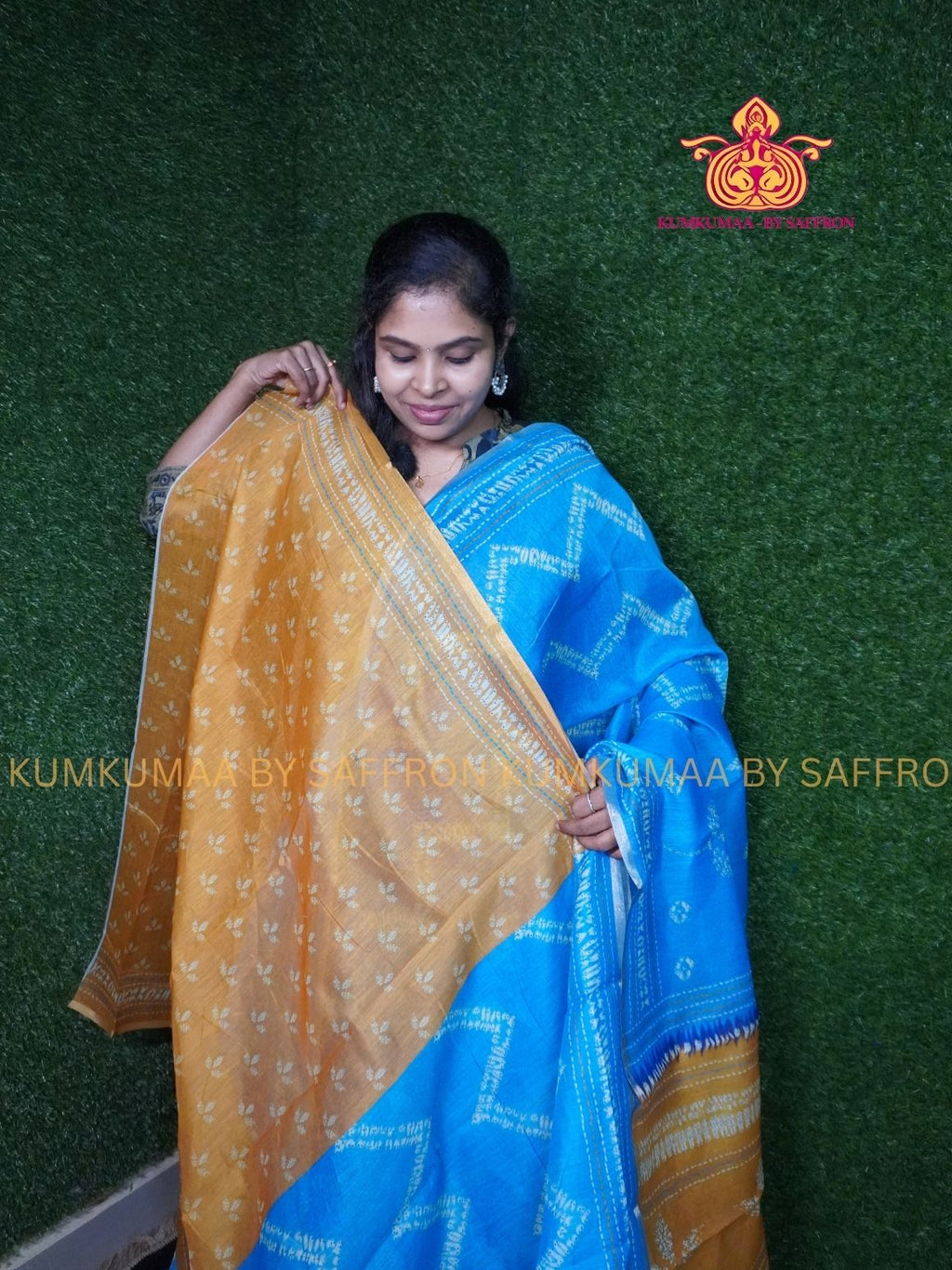 CHANDERI COTTON - BLUE WITH YELLOW- TIE DYE DESIGN- PROFESSIONAL WEAR- MINIMALIST BORDER - LATEST COLLECTION - KUMKUMAA BY SAFFRON - ELITE DESIG