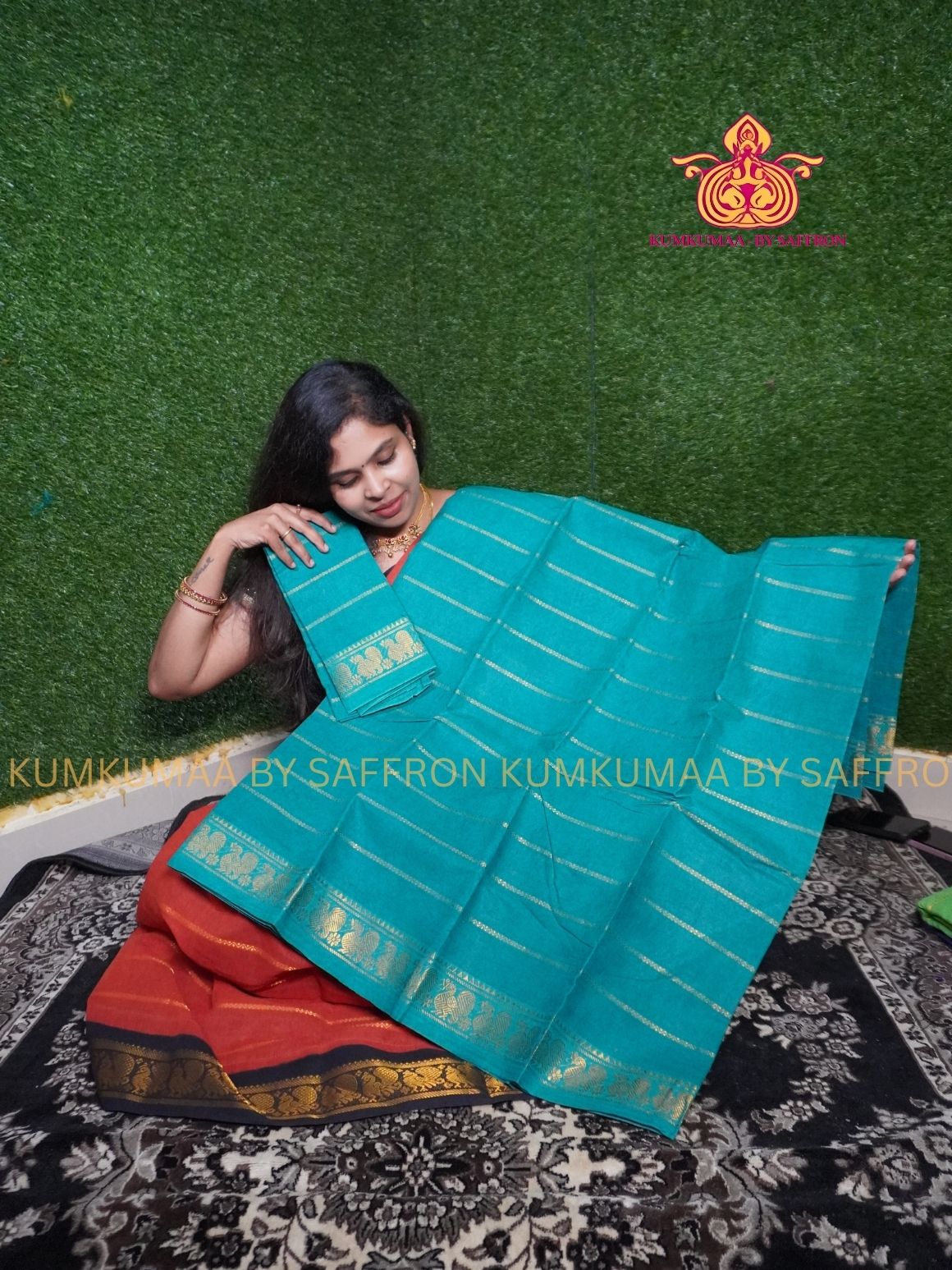 SUNGUDI COTTON- TEAL GREEN SAREE WITH BLOUSE - Kumkumaa comfort wear -Soft and breathable -Handloom