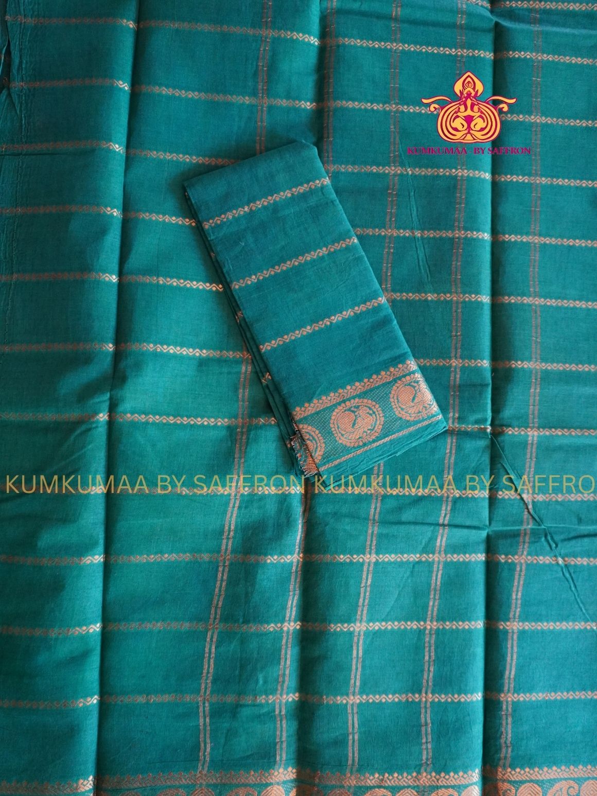SUNGUDI COTTON- TEAL GREEN SAREE WITH BLOUSE - Kumkumaa comfort wear -Soft and breathable -Handloom