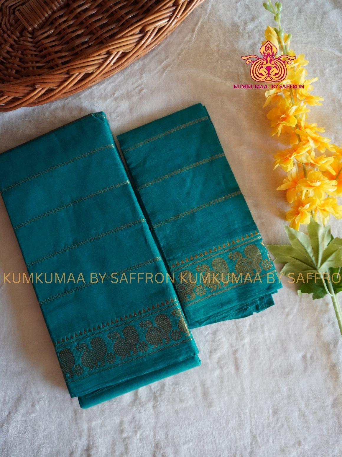 SUNGUDI COTTON- TEAL GREEN SAREE WITH BLOUSE - Kumkumaa comfort wear -Soft and breathable -Handloom