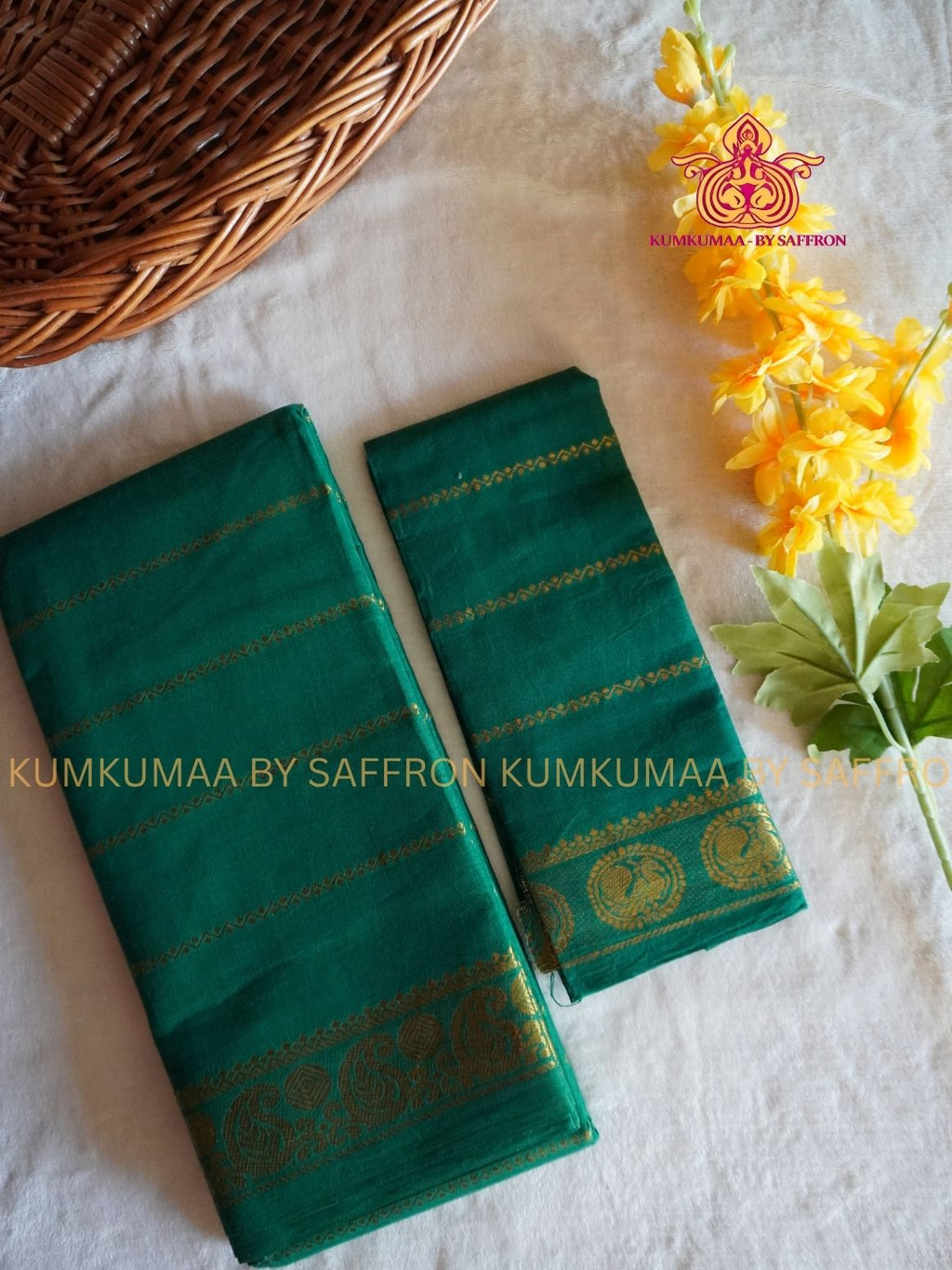 SUNGUDI COTTON- DARK GREEN SAREE WITH BLOUSE - Kumkumaa comfort wear -Soft and breathable -Handloom