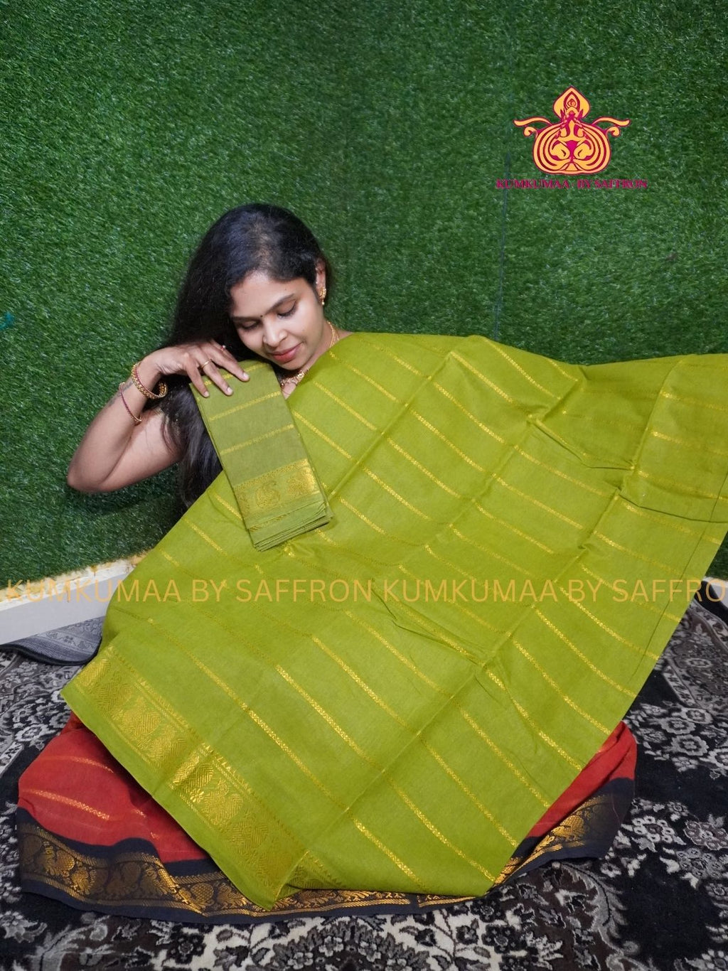 SUNGUDI COTTON- MEHANDI GREEN SAREE WITH BLOUSE - Kumkumaa comfort wear -Soft and breathable -Handloom