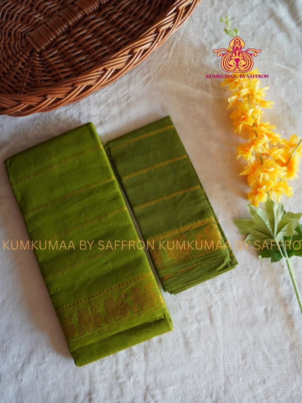 SUNGUDI COTTON- MEHANDI GREEN SAREE WITH BLOUSE - Kumkumaa comfort wear -Soft and breathable -Handloom