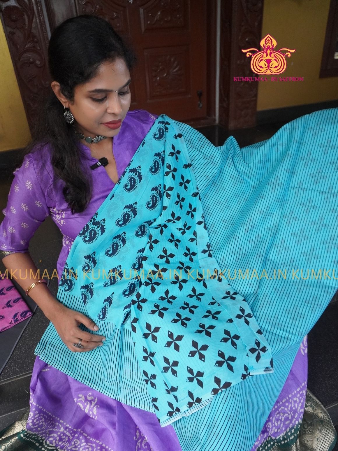 MUL COTTON-LIGHT BLUE & BLACK SAREE WITH BLOUSE - MANGO PRINT- SOFTEST EVERYDAY WEAR - BEST COTTON SAREE- COMFORT AND TRENDY - STYLE WITH COMFORT - Kumkumaa EVERYDAY SAREE