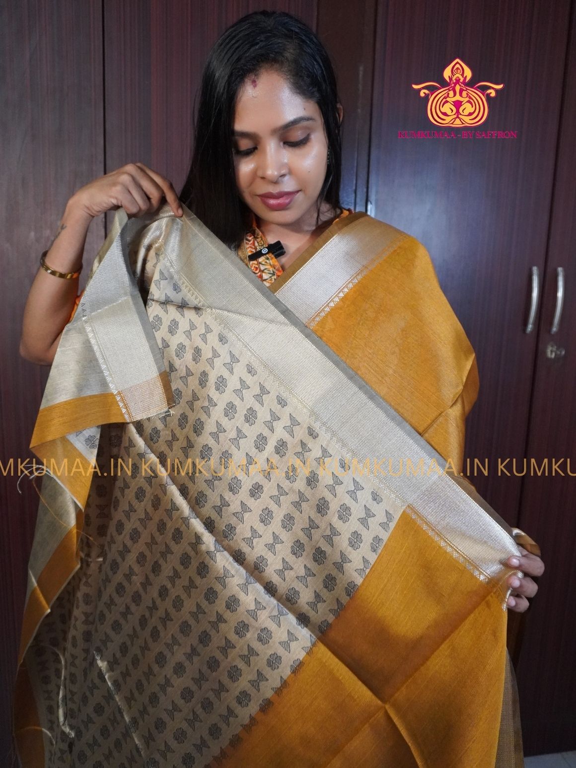 SEMI RAW SILK SAREE - RUST ORANGE AND BEIGE - PRINTED PALLU - TRENDY WEAR SAREE- Beautiful saree for women - KUMKUMAA TRENDY FOR ALL OCCASION