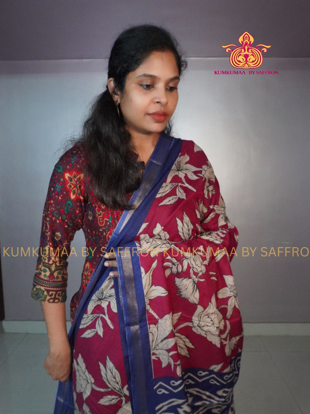 MUL COTTON SILK- HOT PINK SAREE WITH BLUE BANARASI BLOUSE -FLORAL DOTS DESIGN - Kumkumaa FESTIVE - OCCASION ELEGANCE - STYLISH AND BEAUTIFUL
