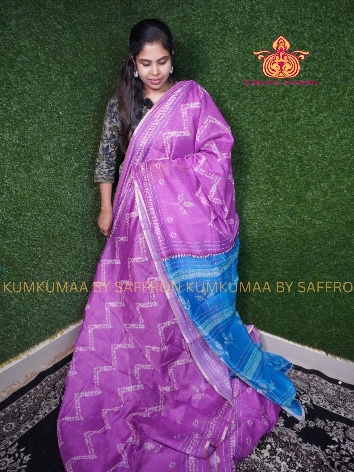 CHANDERI COTTON - PINKISH PURPLE WITH BLUE- TIE DYE DESIGN- PROFESSIONAL WEAR- MINIMALIST BORDER - LATEST COLLECTION - KUMKUMAA BY SAFFRON - ELITE DESIGN