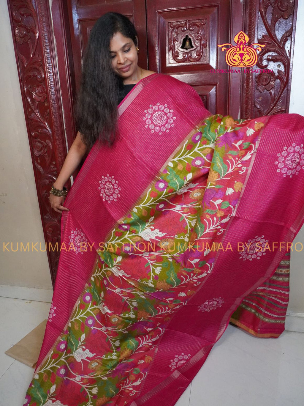 COTTON SILK- BRIGHT PINK AND GREEN SAREE WITH BLOUSE - MINIMALISTIC BORDER -FLORAL DESIGN PRINTED- Kumkumaa FESTIVE - SELF BLOUSE - OCCASION ELEGANCE - STYLISH AND BEAUTIFUL